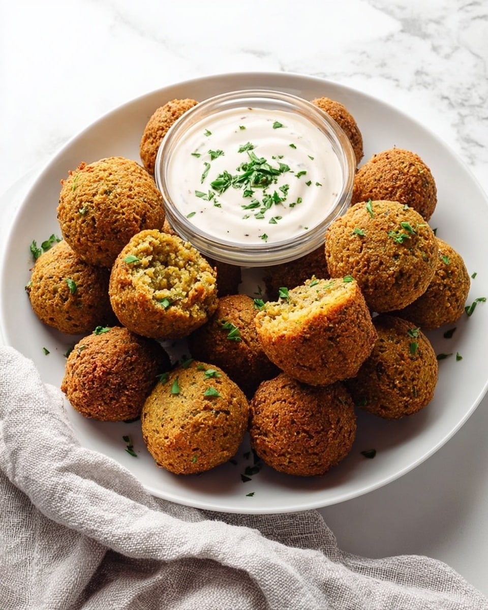 A white shallow bowl filled with about fifteen round falafel balls that are golden brown and textured with a crispy surface, garnished lightly with chopped green herbs. In the center of the bowl, there is a small clear glass bowl holding a creamy white dipping sauce, also topped with finely chopped green herbs. The bowl sits on a white marbled surface, and a light gray textured cloth is softly draped in the background. photo taken with an iphone --ar 4:5 --v 7