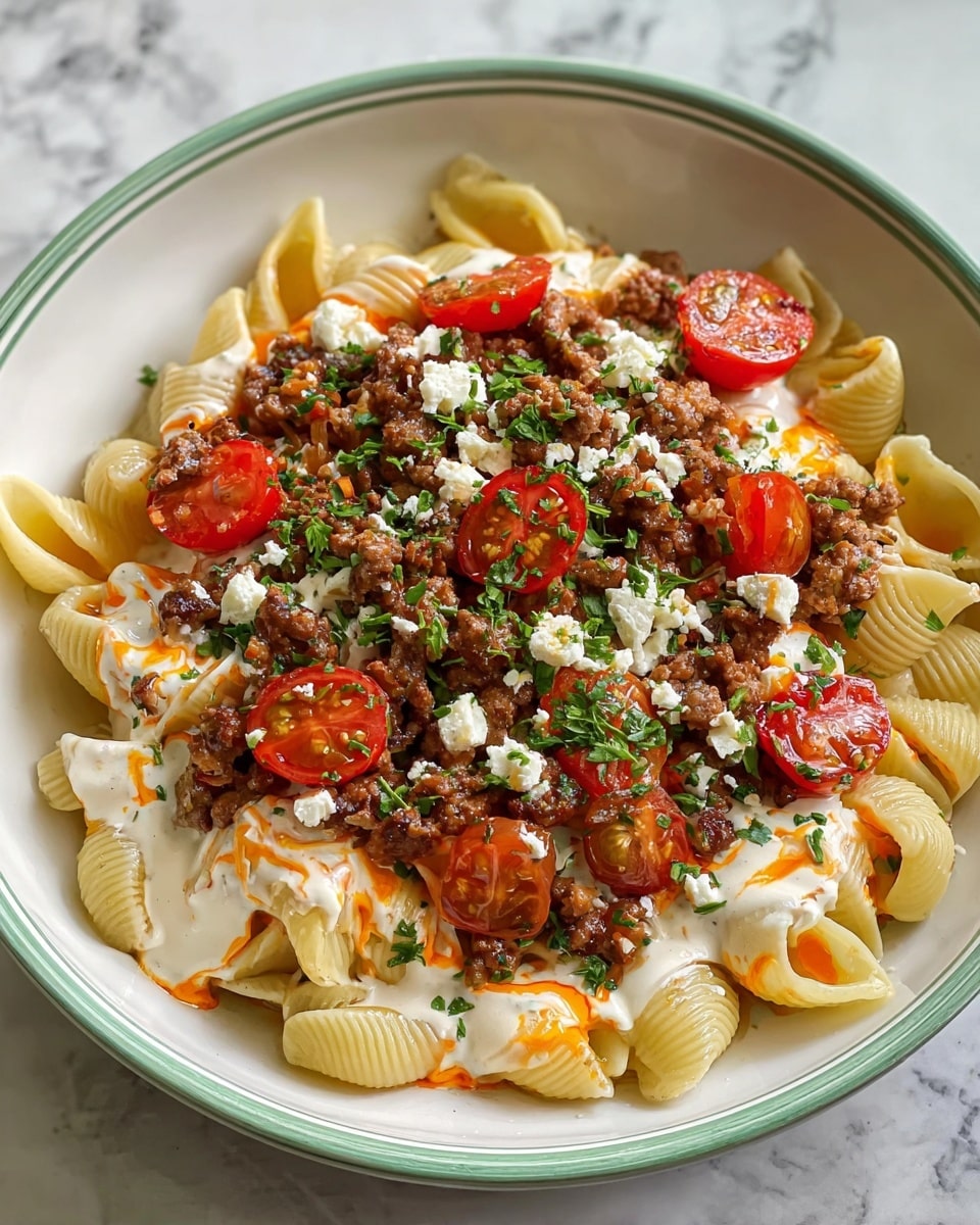 A dish served in a white bowl with a thin green rim, placed on a white marbled surface. The bottom layer is large shell pasta in a light yellow color, creating a base. Above this is a creamy white sauce with some orange oil streaks mixed in. On top of the sauce, there is a layer of browned ground meat cooked with small pieces of onion, giving a rich brown and slightly glossy look. Cherry tomato halves, bright red and juicy, are placed evenly over the meat. The dish is garnished with small white crumbles of cheese and chopped green herbs scattered on top, adding fresh color and texture. photo taken with an iphone --ar 4:5 --v 7