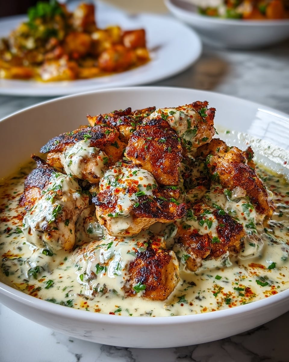 A white shallow bowl is filled with a dish made of many pieces of grilled chicken, each piece showing a rich brown and slightly charred texture. The chicken is covered with a creamy white sauce that has green herbs sprinkled throughout and a light dusting of red spices on top. The chicken pieces are stacked together, creating a mix of golden brown and creamy white colors, with the sauce pooling around the base of the bowl. The background surface is white marbled texture, soft and clean, with another plate of food blurred out behind the bowl. Photo taken with an iphone --ar 4:5 --v 7