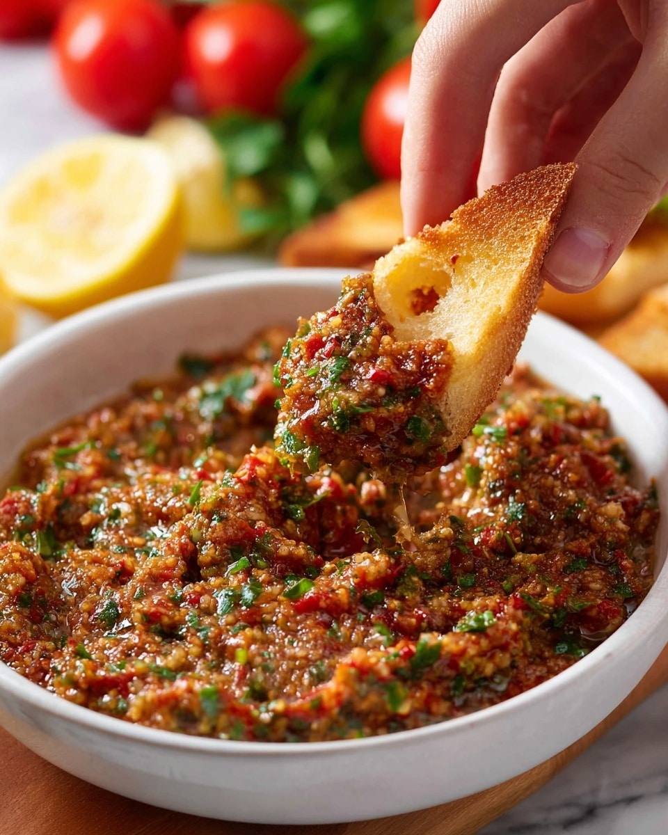 A white shallow bowl is filled with a textured dip made of finely chopped red, green, and brown ingredients mixed with herbs, creating a rich, chunky appearance. A piece of golden, crispy bread with a soft inside is dipped into the sauce, held by a woman's hand, picking up a generous scoop of the dip that shows bits of green herbs and red pepper pieces. The background includes blurred red tomatoes, green leafy herbs, and a slice of yellow lemon placed on a white marbled surface. photo taken with an iphone --ar 4:5 --v 7