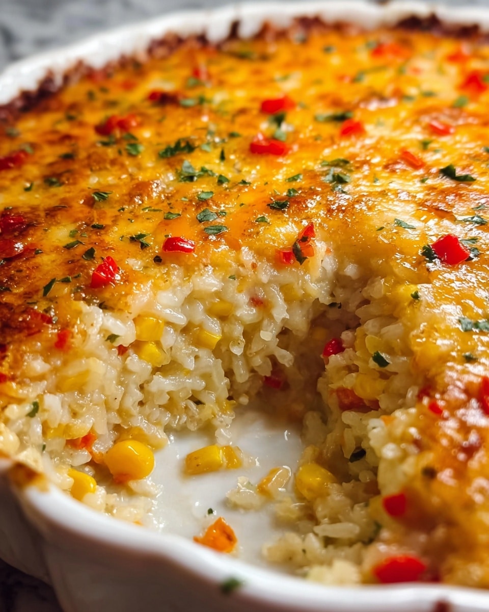A close-up view of a baked rice casserole in a white ceramic dish, showing two main layers: the top layer is golden brown with melted, slightly crispy cheese, speckled with small bits of red peppers and green herbs; beneath this is a thick layer of white rice mixed with yellow corn kernels, red peppers, small orange pieces, and flecks of green herbs, all held together with a creamy texture. There is a section missing from the casserole, revealing the inside layers with a soft, moist look over a white marbled surface. photo taken with an iphone --ar 4:5 --v 7