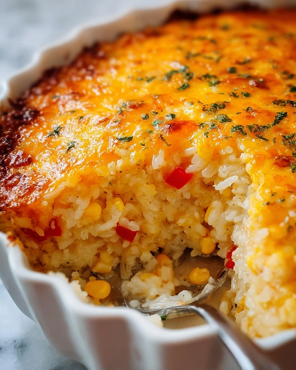 A close-up of a thick rice casserole in a white scalloped dish, showing three main layers: the bottom layer is soft white rice mixed with yellow corn and small red bell pepper pieces; the middle layer is more dense rice with visible small bits inside, appearing creamy and well-cooked; the top layer is a golden brown melted cheese covering the entire surface with small green herbs sprinkled on top, with a slightly crispy texture at the edges. The casserole is partially scooped out by a silver utensil revealing the inside layers. The dish is placed on a white marbled surface. photo taken with an iphone --ar 4:5 --v 7