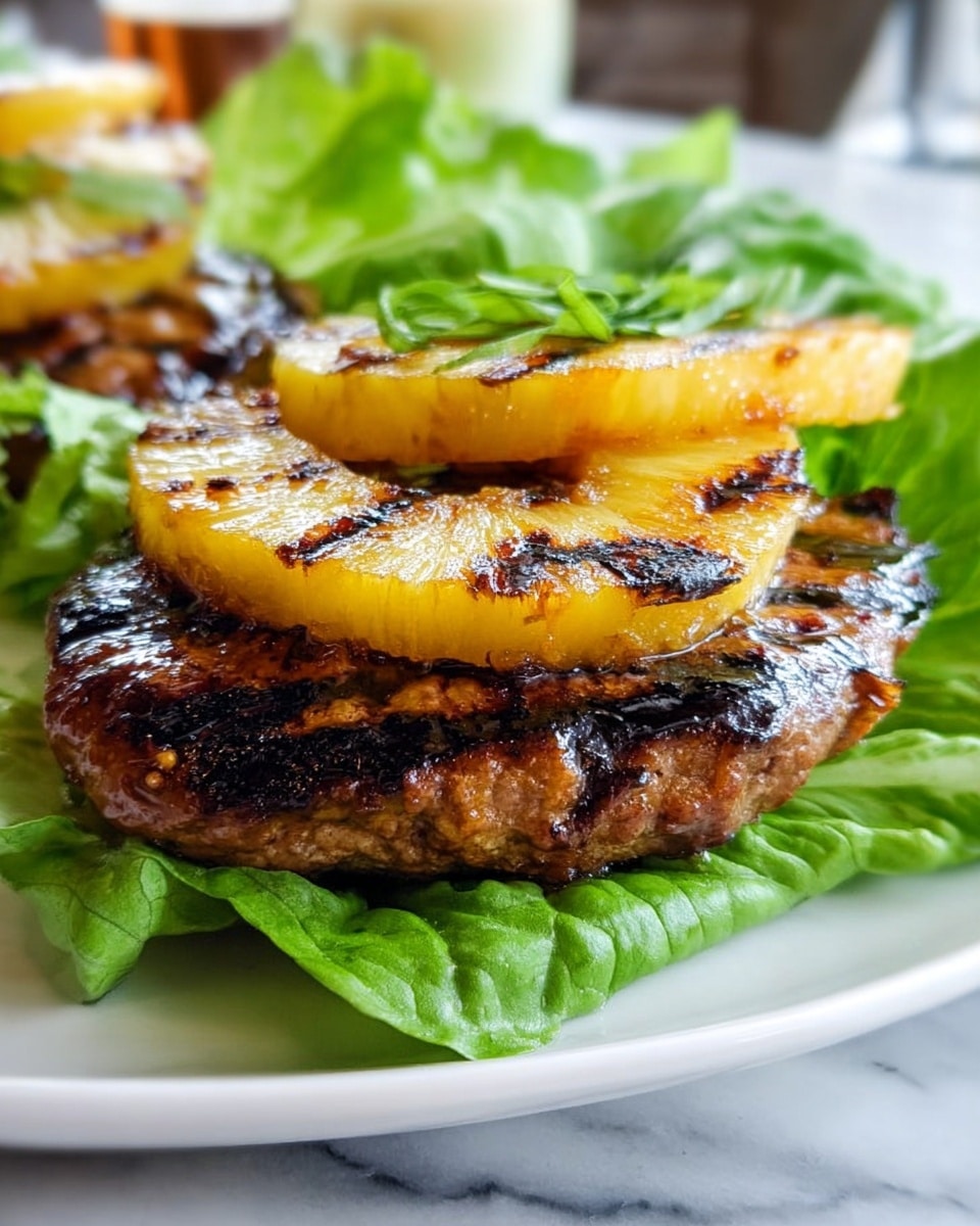 The dish shows two layers: a thick, juicy grilled patty as the base, with dark brown grill marks and a slight charred texture, topped by two golden-yellow grilled pineapple rings with visible caramelized edges. This is all placed over fresh green lettuce leaves on a white plate with a white marbled surface background. Photo taken with an iphone --ar 4:5 --v 7