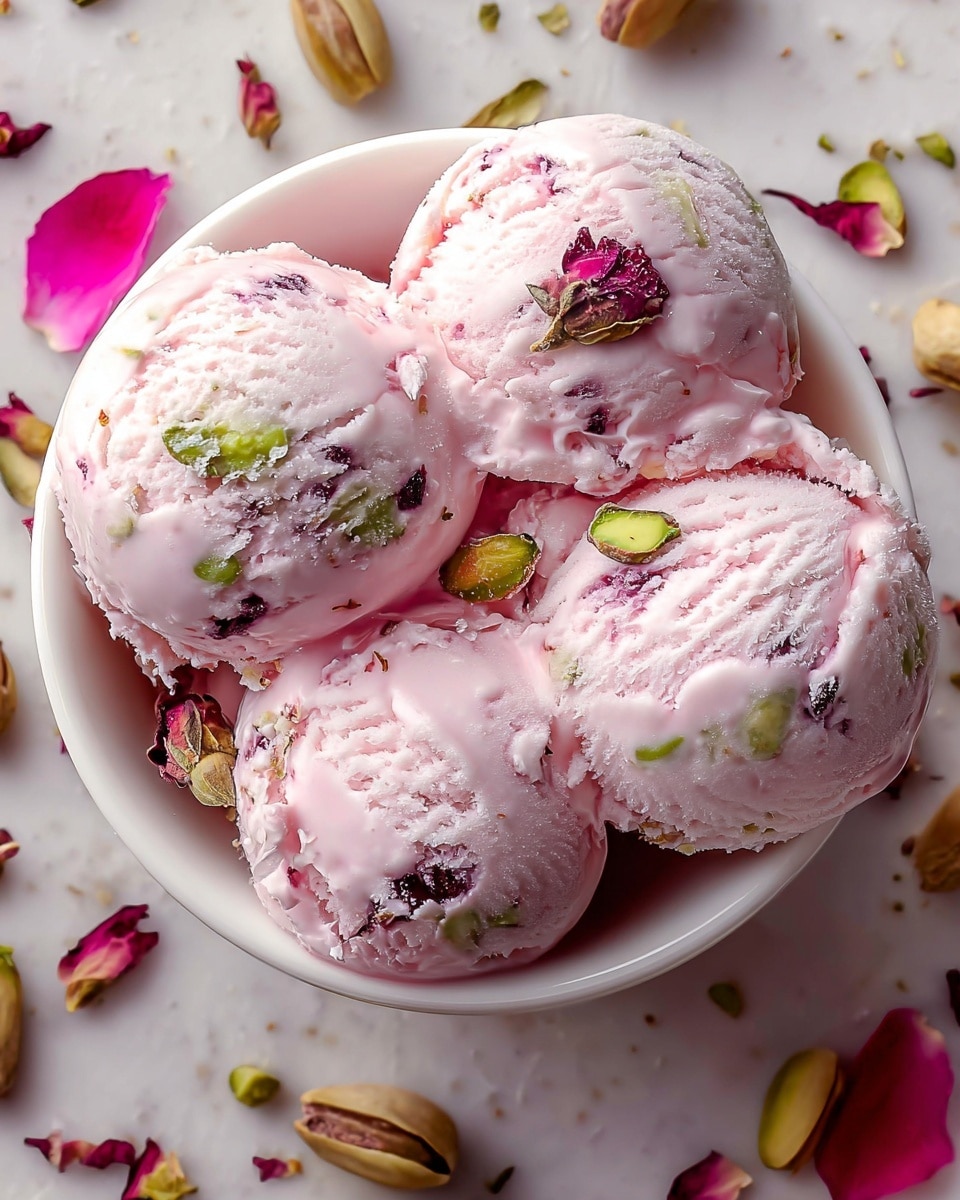 Four scoops of light pink ice cream filled with small bits of green pistachios and dark red rose petals sit in a white bowl. The ice cream has a smooth, creamy texture with tiny ice crystals and delicate white streaks on top. The background is a white marbled texture sprinkled with scattered rose petals and unopened pistachios, adding soft pink and green tones around the bowl. photo taken with an iphone --ar 4:5 --v 7