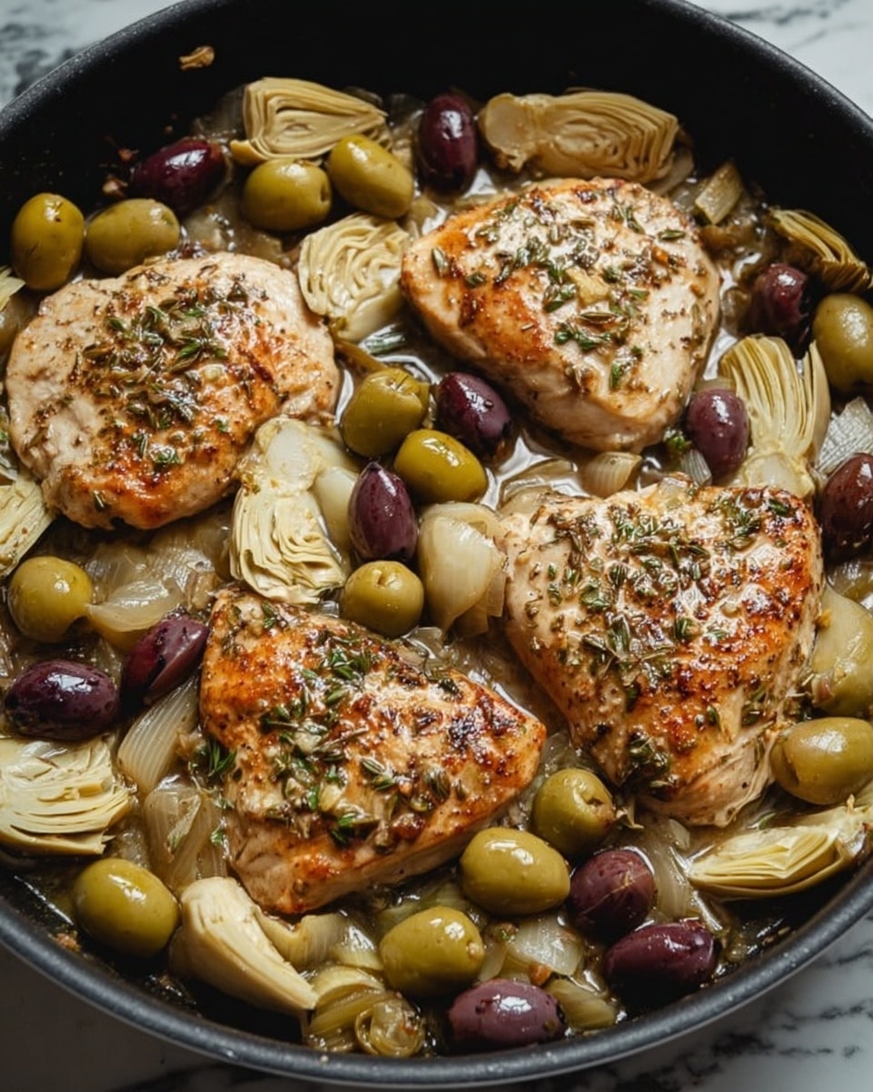 The image shows a black pan filled with three browned, triangular chicken breasts as the main layer, each lightly seasoned with herbs and spices on top. Surrounding the chicken are whole green and dark purple olives mixed with sliced artichoke hearts, which have a light beige color with visible leaf layers. The dish appears to be cooked in a light sauce that covers the bottom of the pan, giving a slight shine to the ingredients. The background is a white marbled texture. Photo taken with an iphone --ar 4:5 --v 7
