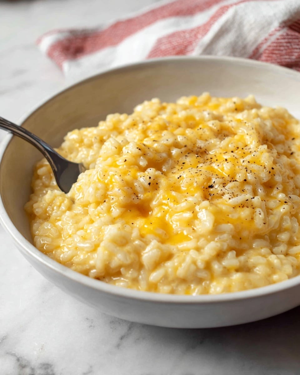 A close-up view of a white bowl filled with creamy, cheesy risotto made of soft rice grains coated in melted yellow cheese with a few black pepper specks spread on top, a silver fork is partially inserted into the risotto on the left side of the bowl, the bowl is set on a white marbled surface and a towel with red and white stripes is blurred in the background, photo taken with an iphone --ar 4:5 --v 7