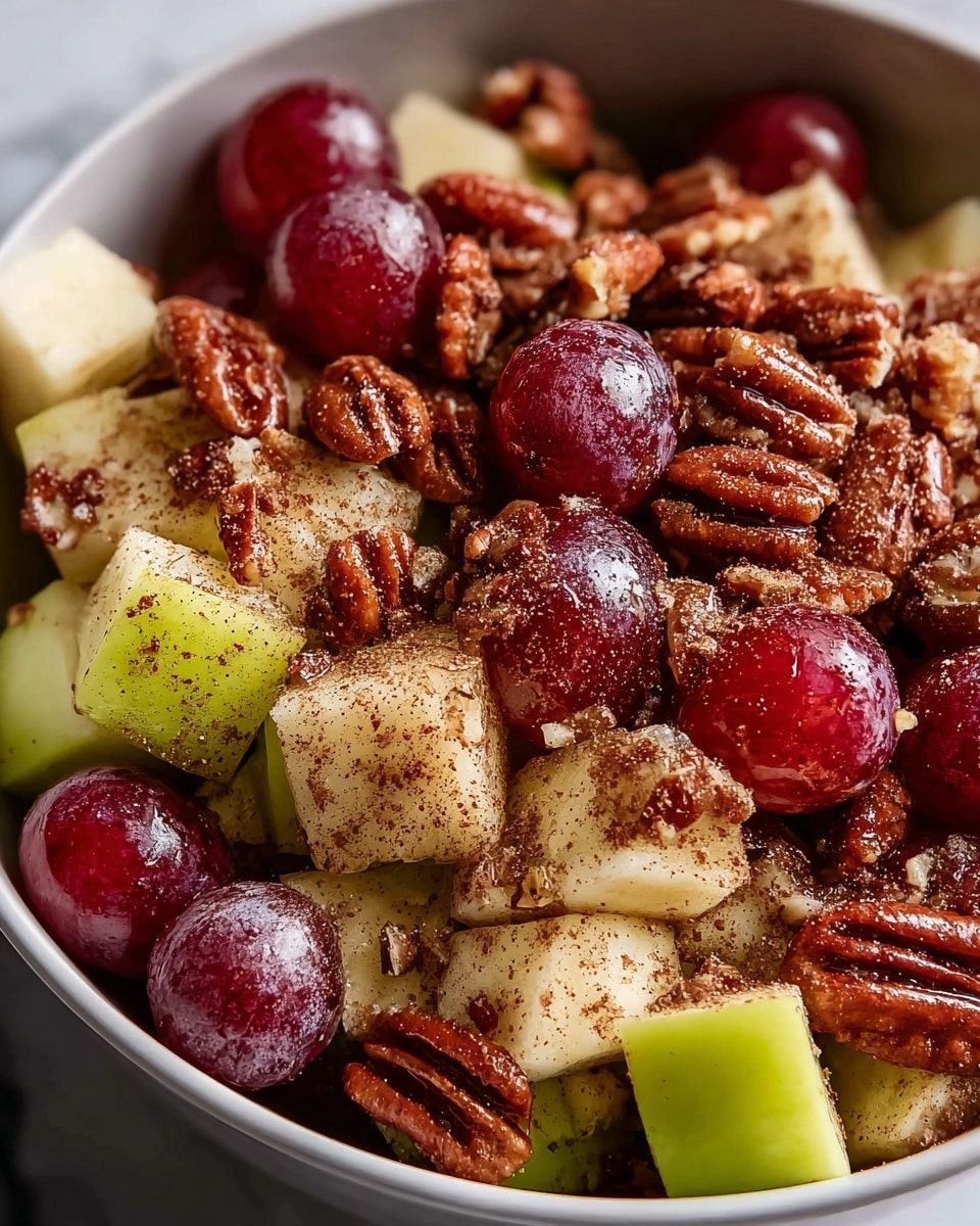 The image shows a close-up of a fruit and nut salad in a white bowl, placed on a white marbled surface. The salad has three main layers: the first layer consists of whole red grapes and chopped green apple pieces with smooth, shiny textures; the second layer has whole pecan nuts with a rich brown color and a slightly wrinkled texture; the third layer is sprinkled with a light brown spice powder that coats the fruits and nuts evenly, adding a textured look. The colors are vibrant with reds, greens, and browns, creating a fresh and appetizing appearance. photo taken with an iphone --ar 4:5 --v 7