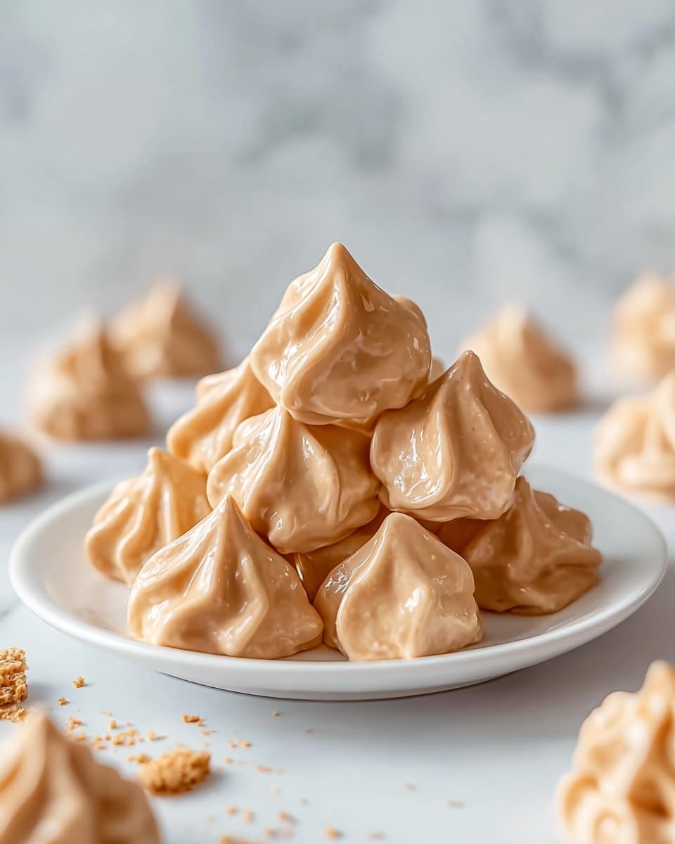 A white plate holds a pile of shiny, glossy caramel-colored meringue kisses, each with soft peaks and smooth, slightly wavy textures, stacked in a pyramid shape in the center. The background shows a blurred white marbled surface with a few more caramel meringue kisses scattered softly around the plate, along with tiny crumbs near the plate's edge. The overall look is sweet and smooth with warm brown tones on a light, clean marble setting. photo taken with an iphone --ar 4:5 --v 7