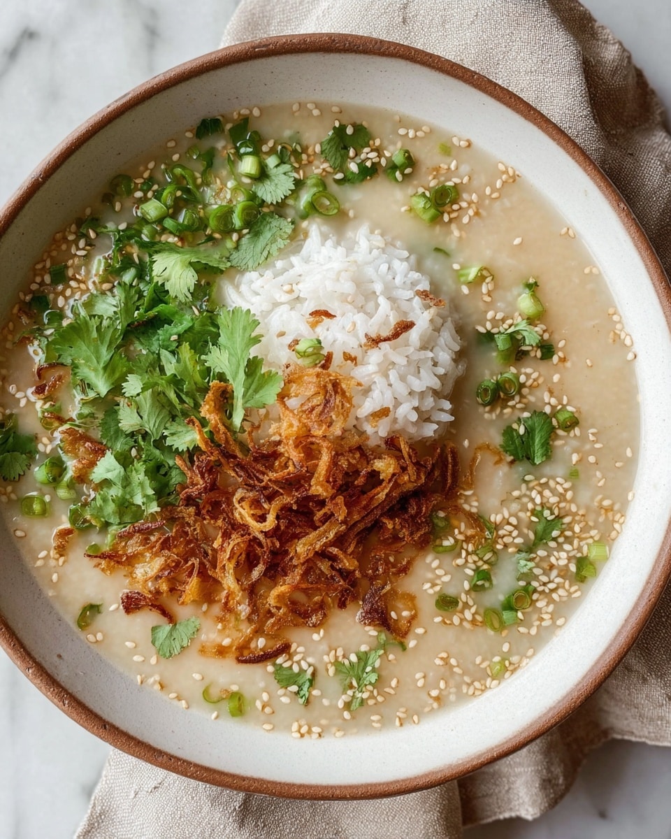 A white ceramic bowl holds a creamy, light beige soup base with a small mound of white rice in the center. On one side of the rice, there are crispy golden-brown fried shallots, while the other side features fresh green cilantro leaves and chopped green onions scattered on the soup. White sesame seeds are sprinkled over the fried shallots and throughout the dish. The bowl sits on a white marbled surface with a beige cloth napkin nearby. Photo taken with an iphone --ar 4:5 --v 7