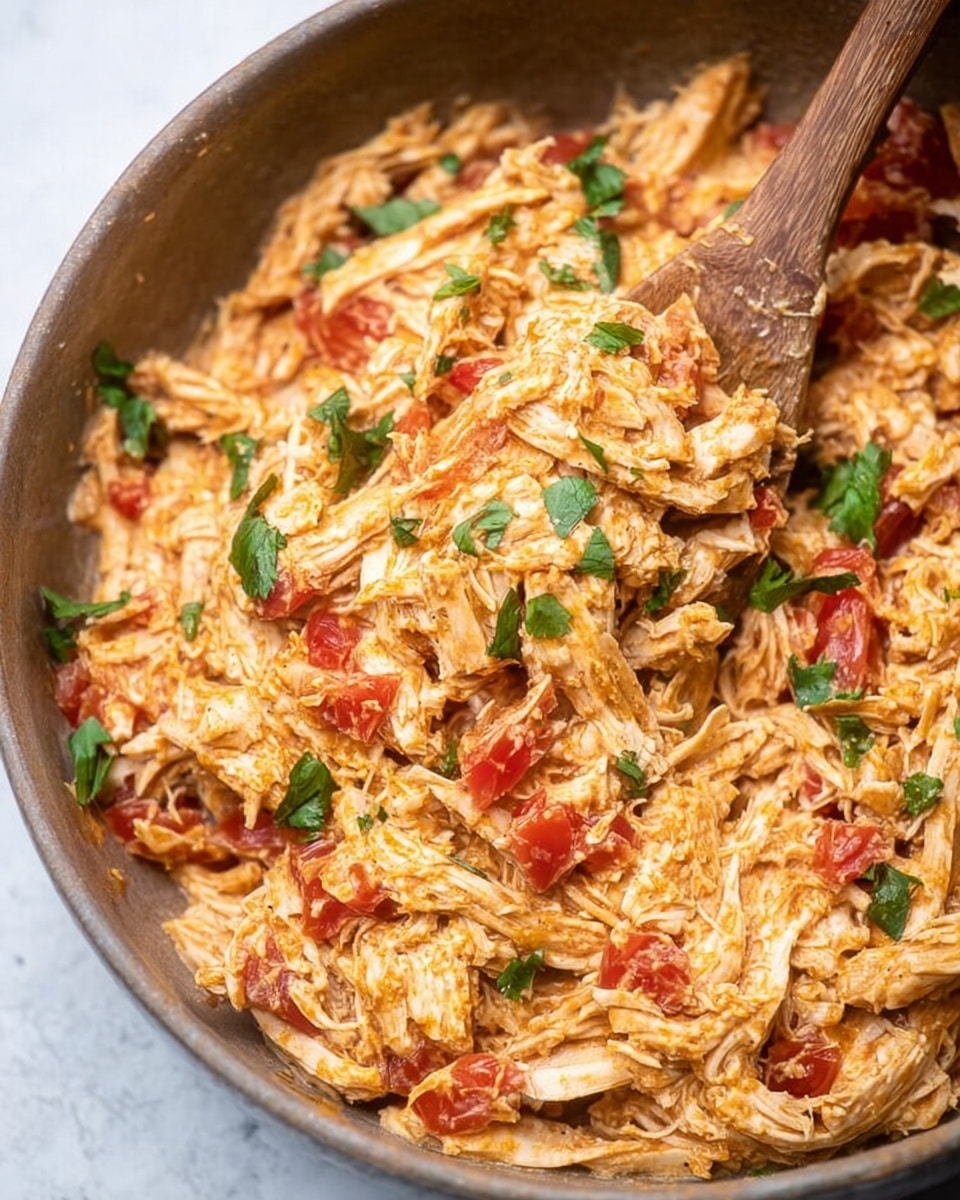 A large bowl filled with shredded chicken mixed with small pieces of red tomatoes and sprinkled with fresh green herb leaves on top. The chicken is coated in a light orange sauce that looks creamy and well-seasoned, with a slightly chunky texture from the tomatoes. A wooden spoon is partly buried in the mix, lifting some of the chicken. The bowl sits on a white marbled surface, giving a clean and simple background. photo taken with an iphone --ar 4:5 --v 7