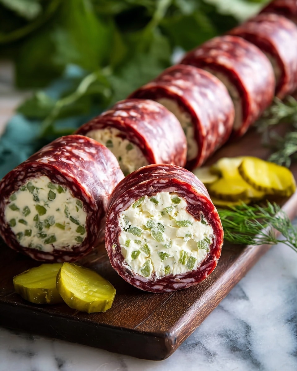The image shows several slices of rolled salami filled with a creamy white cheese mixed with small green pieces of herbs or vegetables, carefully placed in a single line on a dark wooden board. Each slice is a thick cylinder with the dark red, marbled salami outer layer and the light textured filling visible at the cut ends. At the front, one slice stands out clearly showing the cheese and green bits inside. Surrounding the board are a few round, yellow-green pickle slices with visible seeds. The background is softly blurred with green leaves and stems, complementing the colors of the roll-ups. The surface underneath is a white marbled texture. photo taken with an iphone --ar 4:5 --v 7