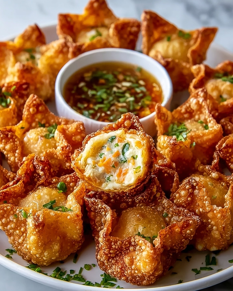 A white plate filled with many golden, crispy fried wontons that have a bubbly texture on the surface, each shaped like a small pouch with pinched tops. One wonton is cut open in the center showing a creamy filling with small pieces of green, orange, and white ingredients inside. The plate is sprinkled with chopped green herbs for garnish. At the back of the plate sits a small white bowl containing a brown dipping sauce with bits of green and white visible in it. The plate rests on a white marbled surface. Photo taken with an iphone --ar 4:5 --v 7