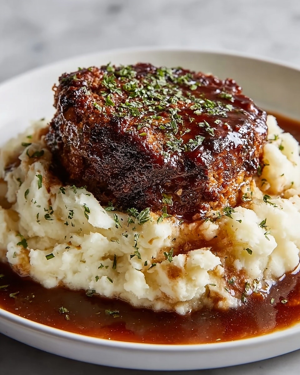 A thick, round piece of crispy, dark brown meatloaf sits on top of a large, uneven mound of creamy white mashed potatoes with small bits visible inside. The mashed potatoes serve as the bottom layer, with the meatloaf as the top layer, both covered lightly with a shiny, rich-looking brown gravy that pools at the bottom on a shallow white plate. Small green herb flakes are sprinkled over the meatloaf and mashed potatoes. The plate is placed on a white marbled surface. photo taken with an iphone --ar 4:5 --v 7