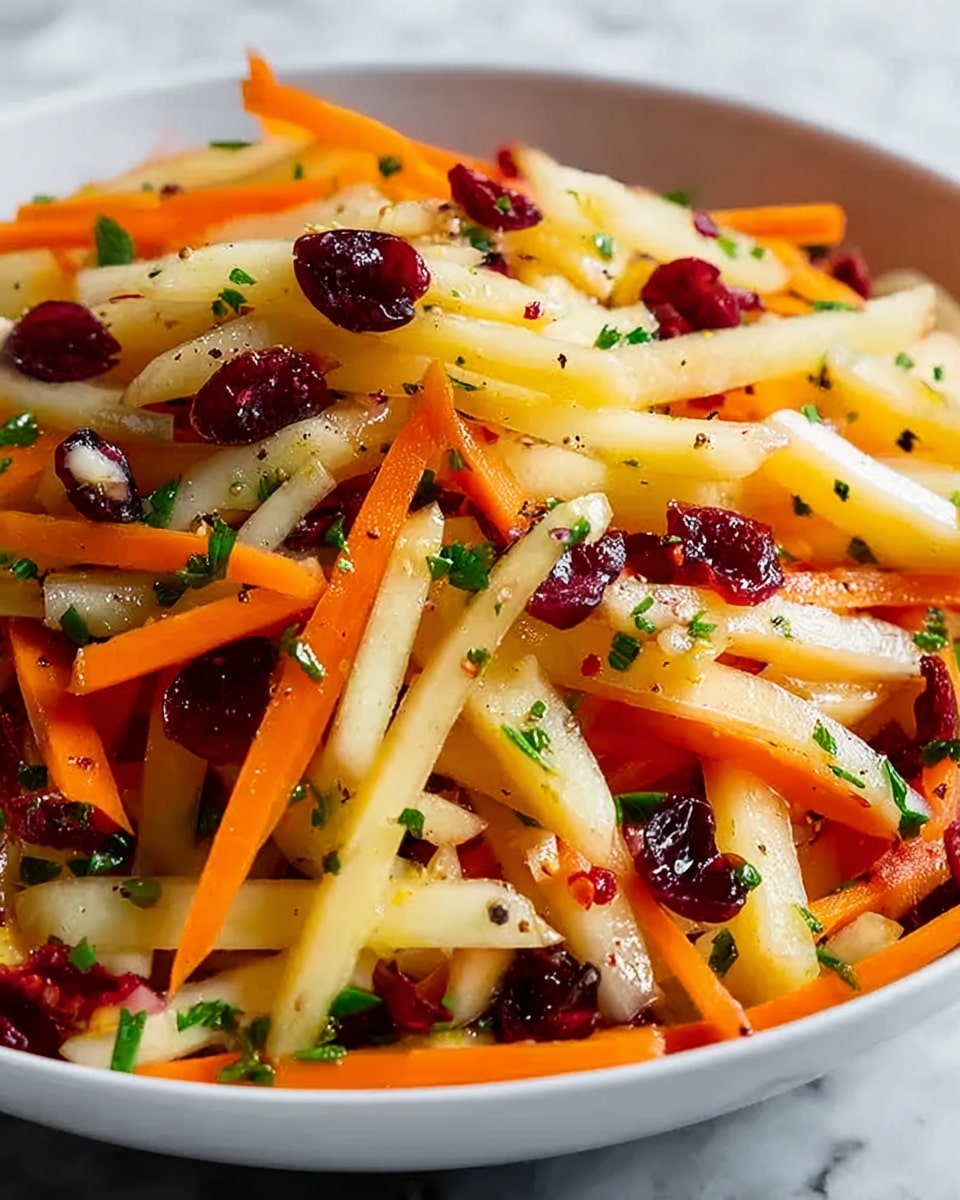 The image shows a close-up of a white bowl filled with a colorful salad consisting of three layers: the bottom layer is made up of thin orange carrot sticks, the middle layer contains long pale yellow pear slices with their skin edge a hint of red, and the top layer is scattered with small dark red dried cranberries. The salad is lightly sprinkled with finely chopped green herbs and small black pepper pieces, giving it a fresh and bright look. The bowl sits on a white marbled surface, and the texture of the salad looks juicy and slightly glossy. photo taken with an iphone --ar 4:5 --v 7