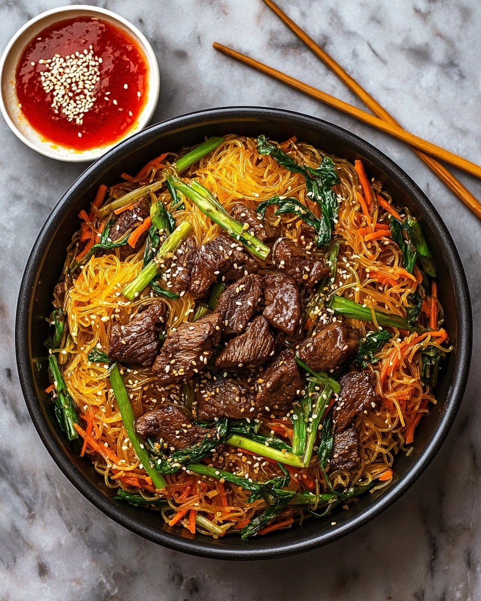 A black round pan filled with a vibrant dish that has a base layer of glossy, thin, translucent noodles mixed with thin strips of bright orange carrots, scattered throughout. On top of this base, there are several chunks of dark brown, seared beef pieces evenly spread, mixed with green stalks of cooked vegetables, possibly scallions or chives, adding pops of bright green color. The dish is sprinkled with white sesame seeds for texture. To the upper left of the pan is a small white bowl containing a bright red sauce topped with sesame seeds. A pair of light brown wooden chopsticks lies diagonally on a white marbled surface next to the pan. photo taken with an iphone --ar 4:5 --v 7