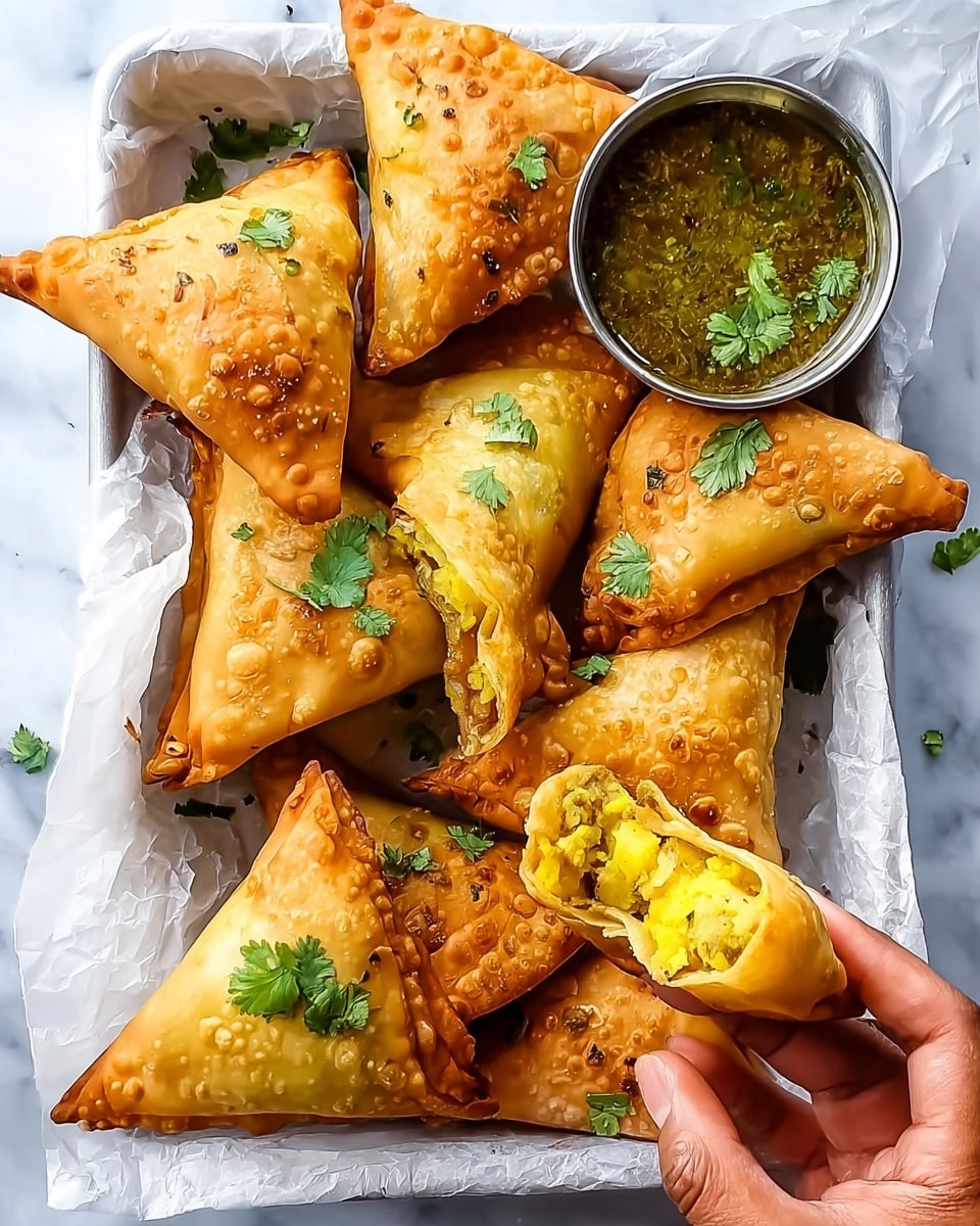 A white tray with a white paper holds several golden-brown triangular samosas arranged closely. The samosas have a crispy, bubbly texture and are sprinkled with fresh green cilantro leaves. One samosa is broken open, showing a yellowish filling of mashed potatoes and peas with some herbs. A small metal bowl filled with greenish-brown dipping sauce garnished with cilantro leaves sits on the upper right corner of the tray. A woman's hand is breaking one samosa from the lower right corner. The whole scene is set on a white marbled surface. photo taken with an iphone --ar 4:5 --v 7