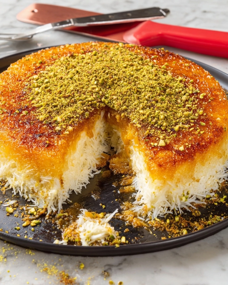 The image shows a circular dessert with two main layers; the top layer is golden-orange and looks crispy and shiny, while the bottom layer is white and soft with a shredded texture. The dessert is on a large round black plate, with some greenish crushed nuts sprinkled thickly on the top and around the dessert's edges. A small wedge is cut out, revealing the soft inside. There is a red spatula and a knife beside the plate, resting on a white marbled surface. Photo taken with an iphone --ar 4:5 --v 7