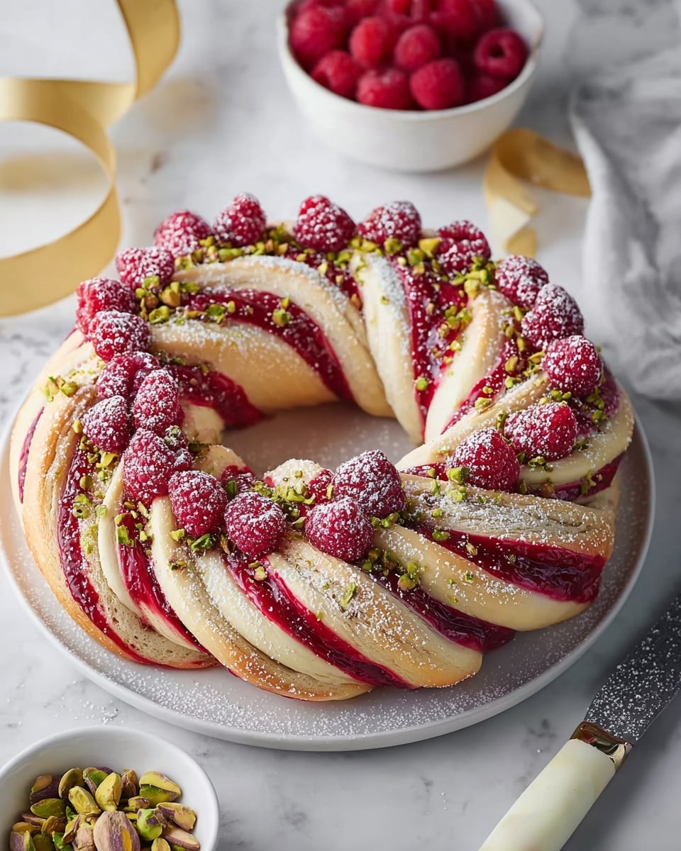 A ring-shaped pastry with two thick twisted layers, the outer layer is light beige dough and the inner layer is bright red jam or filling. The top is decorated with whole red raspberries and scattered green chopped pistachios. The pastry is dusted with white powdered sugar. It sits on a white plate on a white marbled surface. A white bowl with raspberries and pistachios appears in the background along with a gold ribbon and a knife with a white handle to the right. Photo taken with an iphone --ar 4:5 --v 7