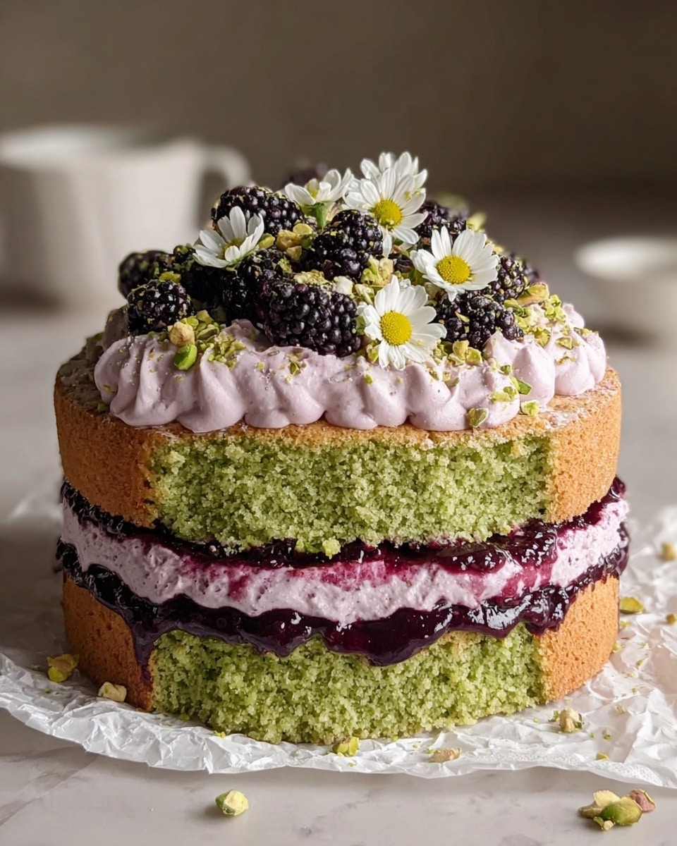 A two-layer green cake with a thick middle layer of dark purple jam and light pink cream, topped with a thick layer of light purple whipped cream decorated with chopped green nuts, blackberries, and small white edible flowers. The green cake layers have a moist texture and are stacked evenly. The cake sits on crumpled white parchment paper with a soft white marbled background. photo taken with an iphone --ar 4:5 --v 7