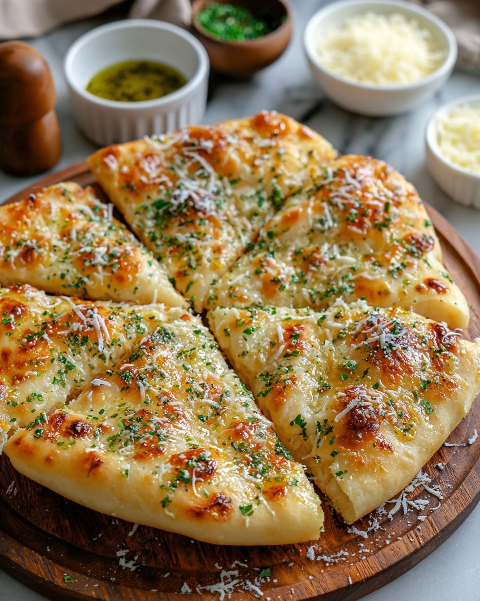 A round flatbread is cut into six pieces and placed on a wooden board. The top layer of the flatbread is golden brown with small melted cheese spots, sprinkled with finely chopped green herbs and white grated cheese. The bread has a soft, fluffy texture with slight browning on the edges and a light shine from a brushed butter or oil. In the background, there are small white bowls containing grated cheese and a greenish dressing on a white marbled surface. photo taken with an iphone --ar 4:5 --v 7