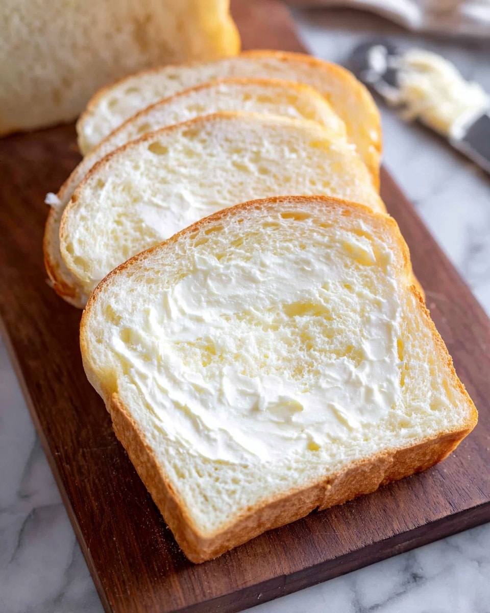 Three slices of white bread are shown, each spread thinly with creamy white butter. The bread slices have a soft, airy texture with a light golden crust around the edges. They are laid on a brown wooden cutting board, arranged slightly overlapping. The background surface is a white marbled texture, and a blurred butter knife with some butter on it is visible on the right side of the image. photo taken with an iphone --ar 4:5 --v 7