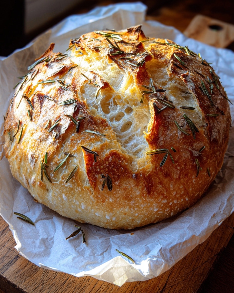 A round loaf of bread with a golden-brown crust sits on crumpled white paper on a wooden board, topped with scattered rosemary leaves. The crust shows deep cracks revealing a soft, airy, white inside with large holes and a chewy texture. The rosemary adds green specks across the surface, contrasting with the shiny, crispy crust. The white marbled background catches warm natural light, highlighting the bread’s rustic look. photo taken with an iphone --ar 4:5 --v 7
