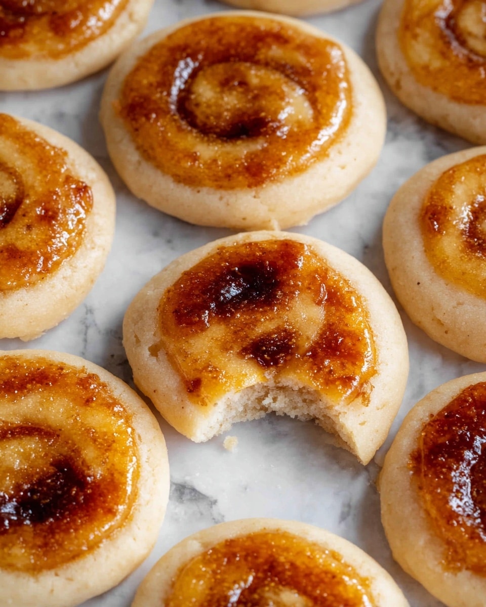 The image shows several round cookies arranged closely on a white marbled surface. Each cookie has two layers: a bottom layer of smooth, pale beige cookie dough, and a top layer that looks like a glossy, golden-brown caramelized swirl with darker brown spots, giving a slightly burnt impression. One cookie in the center has a bite taken out, revealing a soft, crumbly texture inside. The caramelized top layers have a shiny, sticky look and a rough spiral pattern. Photo taken with an iphone --ar 4:5 --v 7