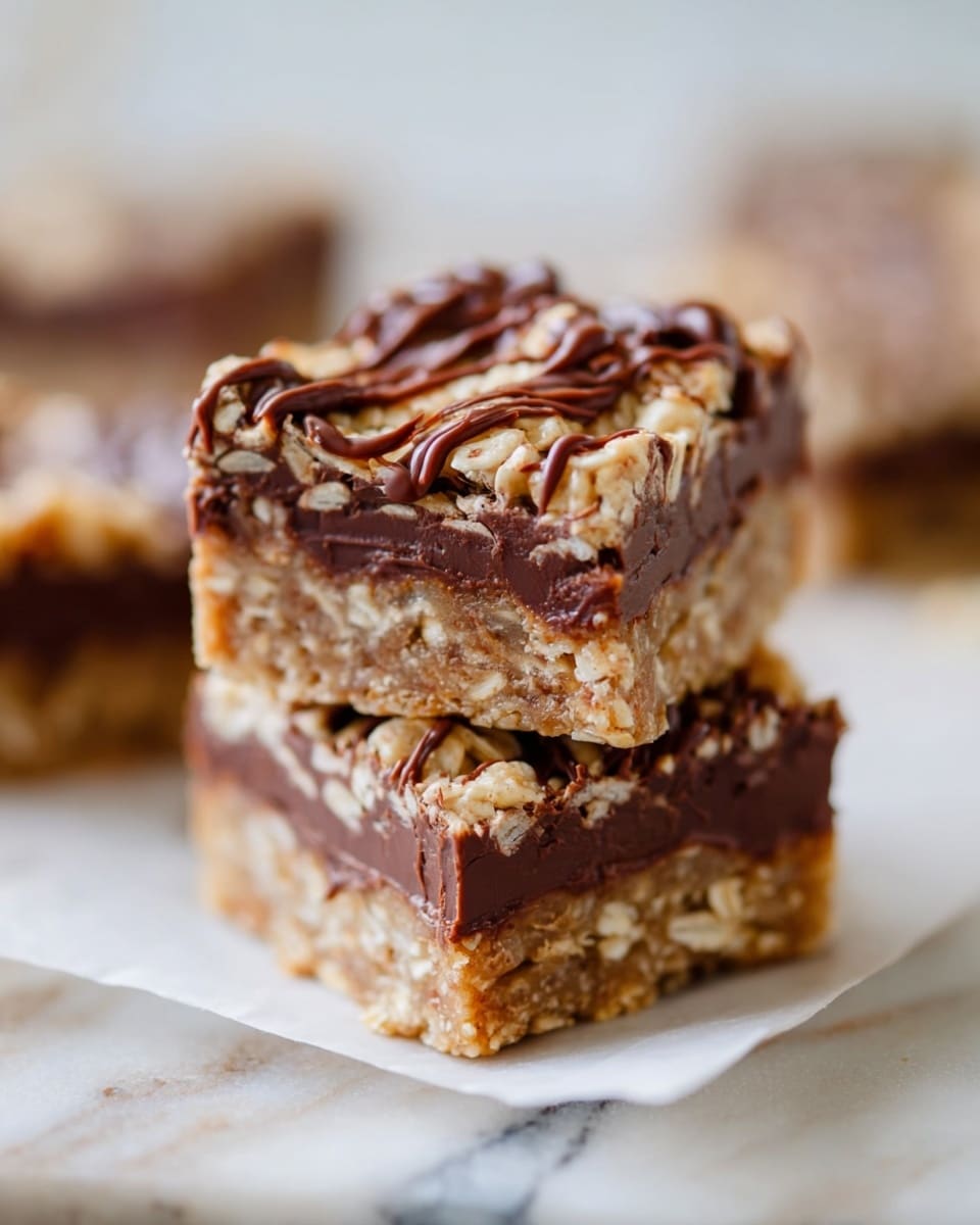 Two oatmeal bars stacked on a white marbled surface, each with three visible layers: the bottom layer is a dense, light brown oatmeal base, the middle layer is thick and rich chocolate with a smooth, slightly glossy texture, and the top layer is a crumbly oat mix drizzled with melted chocolate, creating a marbled effect. The bars have a chunky, textured appearance with bits of oats and chocolate chips visible. In the background, another bar is slightly out of focus, adding depth to the image. photo taken with an iphone --ar 4:5 --v 7