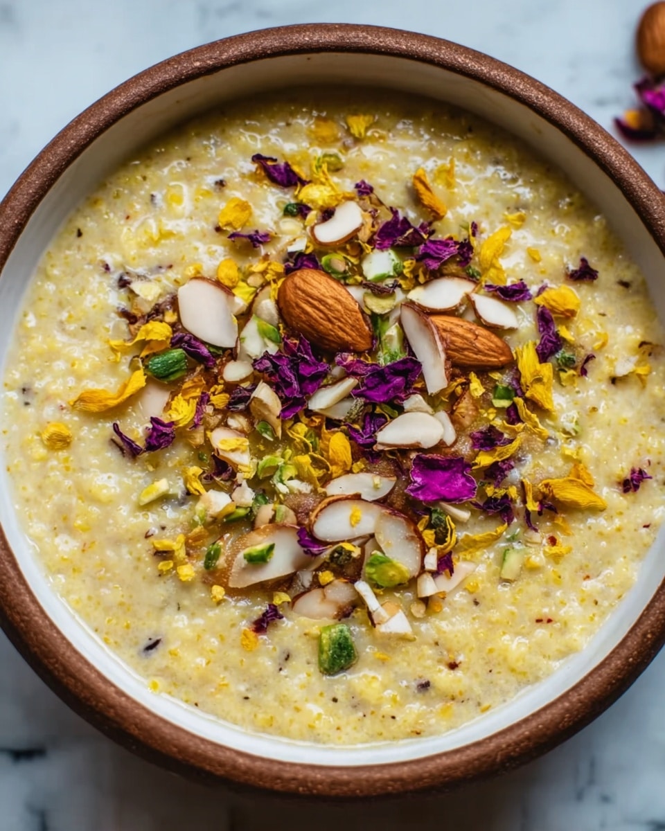 A close-up of a bowl filled with creamy yellowish porridge that has a slightly grainy texture with visible small bits throughout. On top, there is a colorful mix of chopped nuts and dried flower petals scattered, including light beige nut slices and vibrant purple, green, and yellow petals. The bowl is white with a brown outer edge, and it sits on a white marbled surface, enhancing the warm and wholesome feel of the dish. Photo taken with an iphone --ar 4:5 --v 7