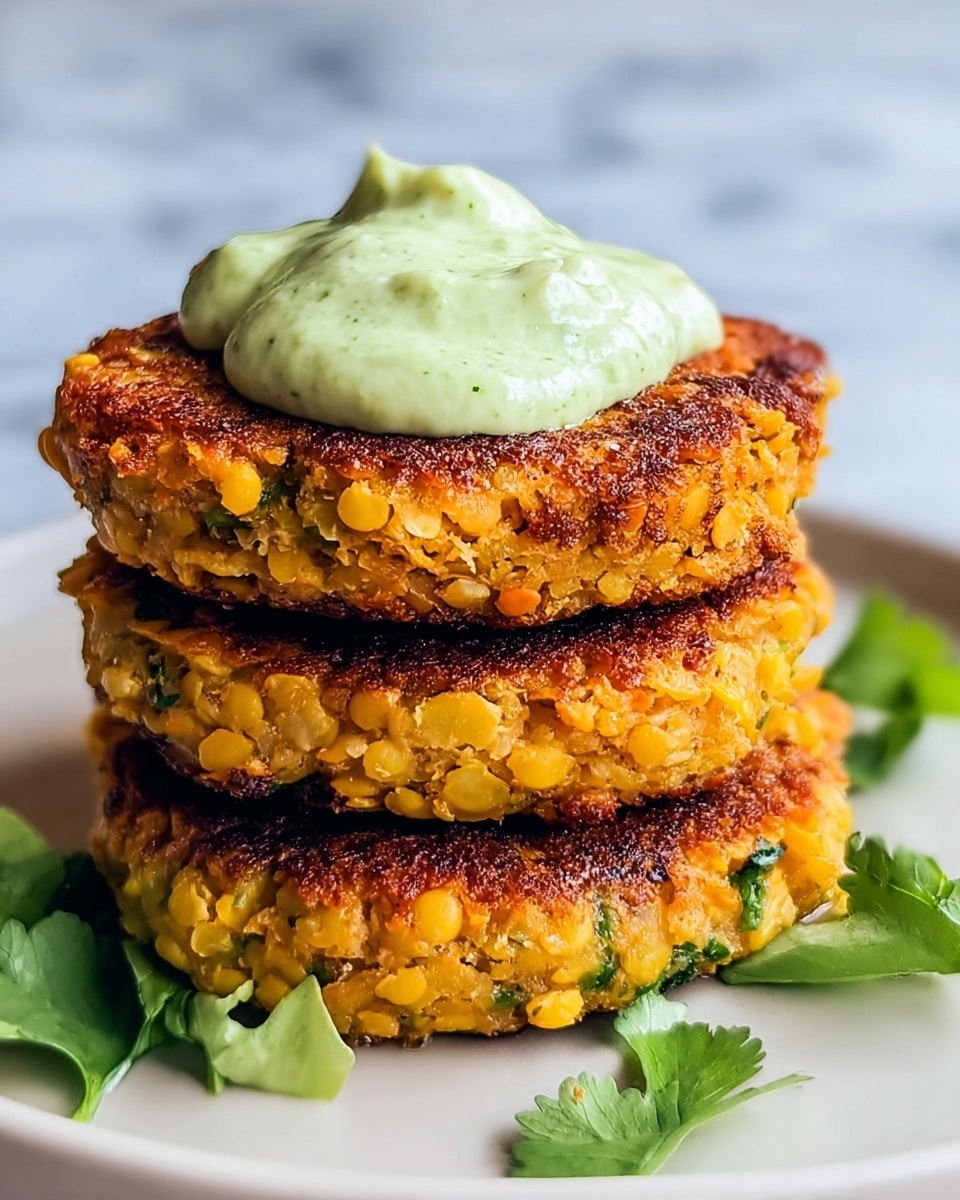 Three thick, golden-brown patties stacked on top of each other on a white plate, each patty showing small yellow lentils and flecks of green herbs inside. The top patty has a generous dollop of creamy, light green sauce with a smooth texture and visible tiny herb bits. Small fresh green leaves peek out from under the stack, adding a fresh touch. The whole scene is set against a white marbled background. photo taken with an iphone --ar 4:5 --v 7