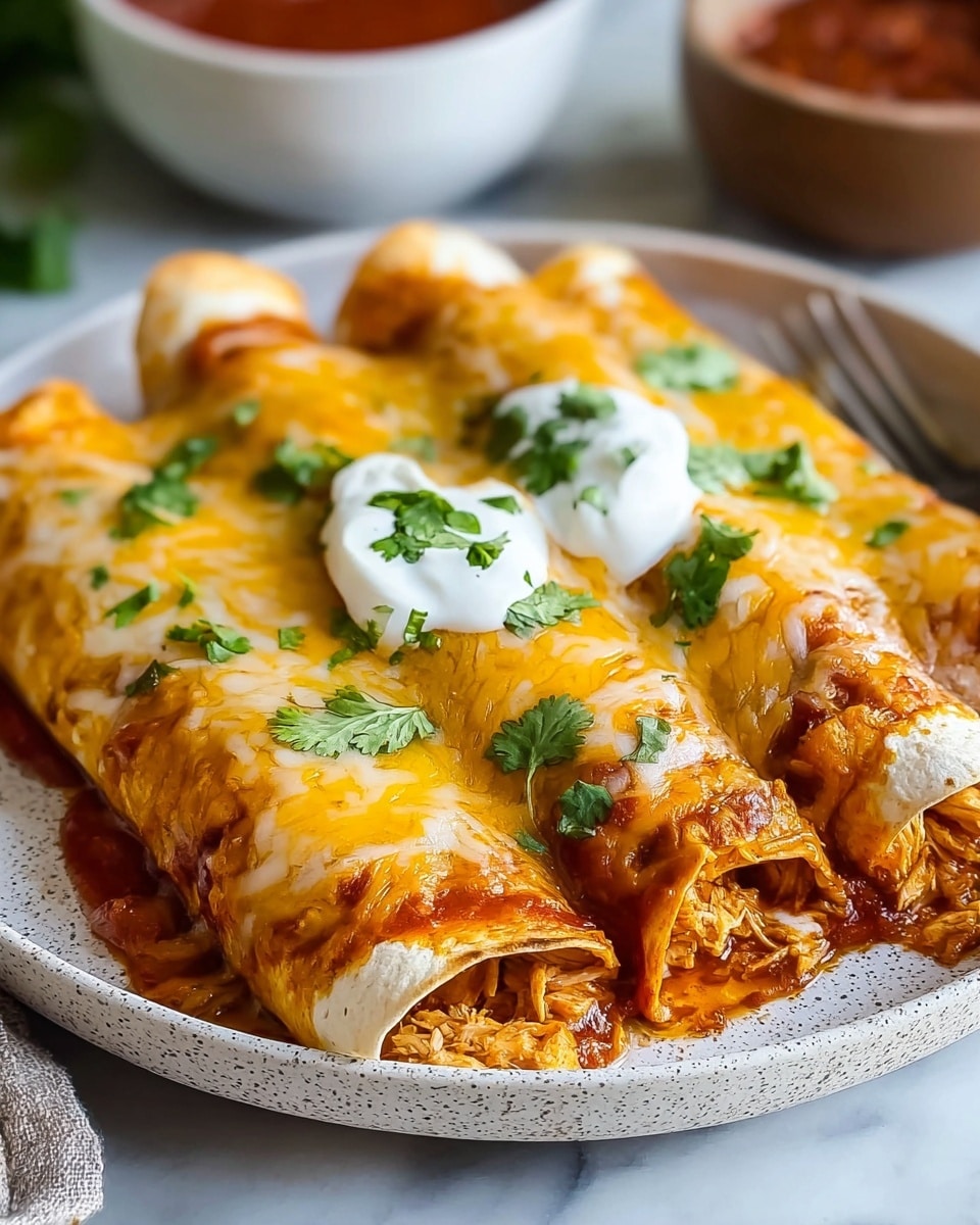 Three rolled enchiladas lay side by side on a white speckled plate, each covered with a thick layer of melted yellow and white cheese that mixes with a red sauce seeping from the edges. The tortillas are light tan with visible soft, shredded chicken inside. Dollops of white sour cream sit on top of the middle and right enchiladas, while bright green cilantro leaves are scattered across all three. The plate rests on a white marbled surface with a blurred white bowl filled with red sauce and a woman's hand in the background. photo taken with an iphone --ar 4:5 --v 7