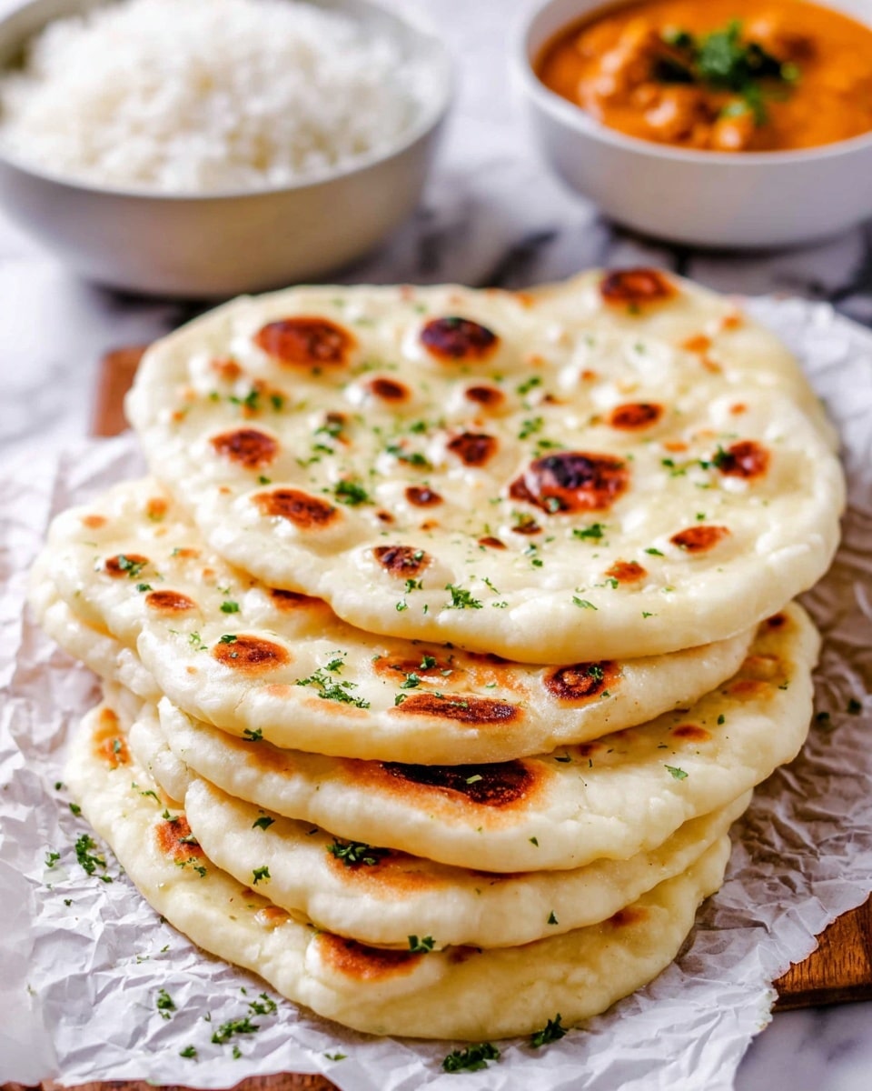 A stack of six round, slightly puffy naan breads with a soft, light golden color and darker toasted spots scattered on each piece, sprinkled with small bits of green parsley, arranged in a slight fan shape on crumpled white paper. In the background at the upper left, there is a white bowl filled with white rice, and to the upper right, a white bowl with orange curry. The scene is set on a white marbled surface. photo taken with an iphone --ar 4:5 --v 7