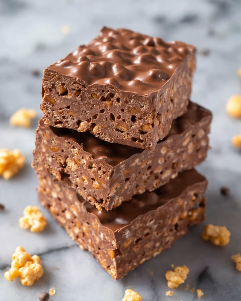 The image shows three stacked rectangular chocolate crispy bars. Each bar has one layer, a mix of milk chocolate coating with embedded cereal pieces creating a textured surface filled with crunchy bits; the bars have a glossy, smooth chocolate finish on top with visible bumps from the cereal. The bars rest on a white marbled surface with a few scattered cereal pieces around them. Photo taken with an iphone --ar 4:5 --v 7
