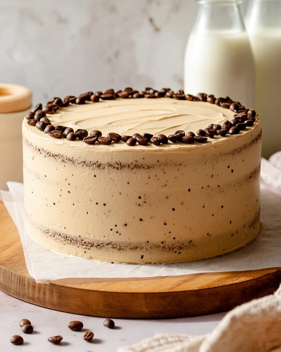 A three-layer round cake sits on a wooden board with parchment paper, each layer coated smoothly with light brown coffee-flavored frosting that has tiny dark specks throughout. The sides show faint hints of the darker cake layers underneath through the thin frosting layer. On top, a simple ring of whole dark brown coffee beans decorates the smooth, flat surface, adding texture and contrast. The background features glass bottles of milk placed on a white marbled textured surface. photo taken with an iphone --ar 4:5 --v 7