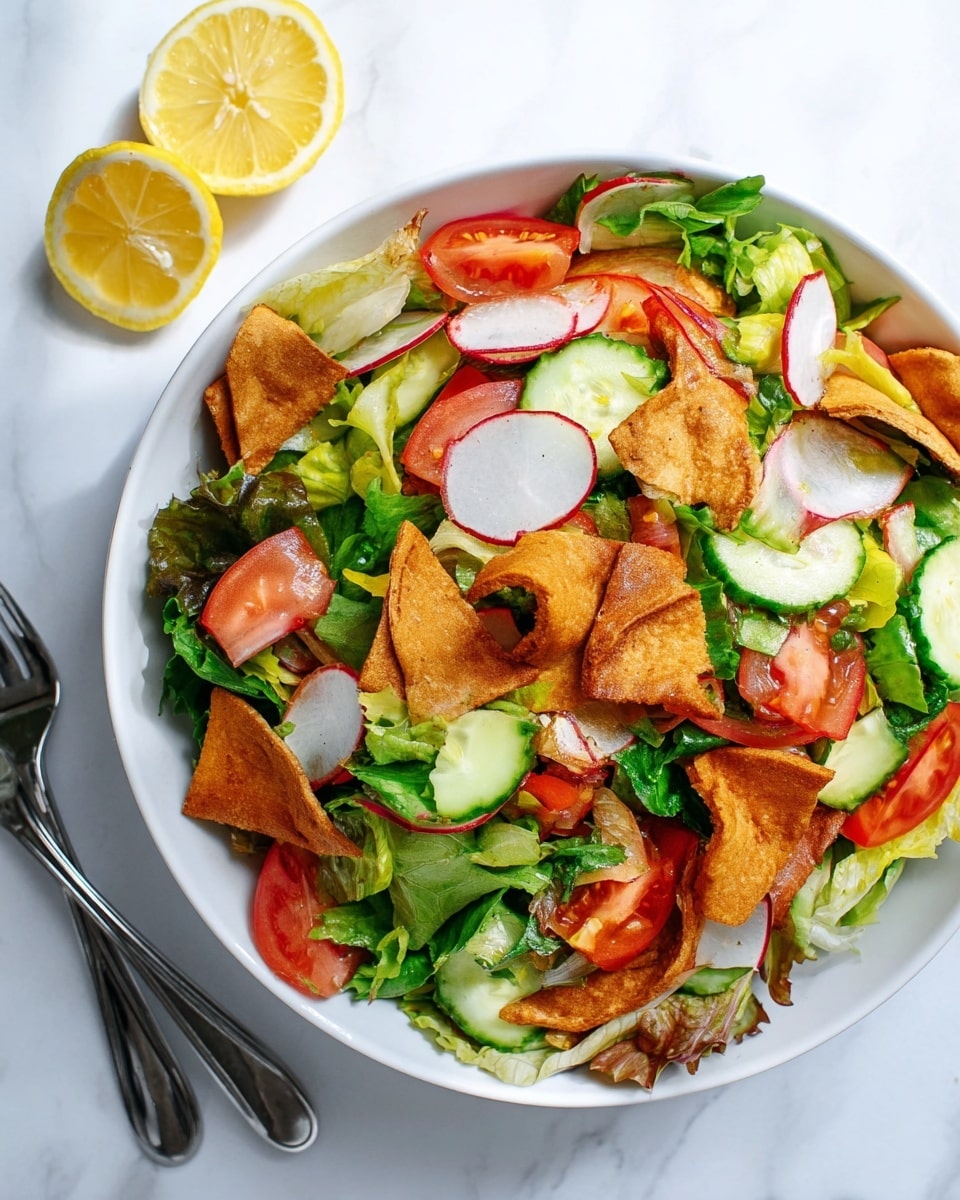 A white bowl filled with a fresh salad sits on a white marbled surface. The salad has multiple layers: a base of leafy green lettuce in different shades of green, mixed with bright red tomato chunks and thinly sliced cucumber pieces with pale green interiors and darker green edges. There are also thin slices of radish that are white with red edges scattered around, along with crispy golden-brown fried pita chips on top. Two lemon slices with yellow rind and light yellow flesh rest on the side of the salad. A fork is nearby on the white marbled surface beside the bowl. photo taken with an iphone --ar 4:5 --v 7