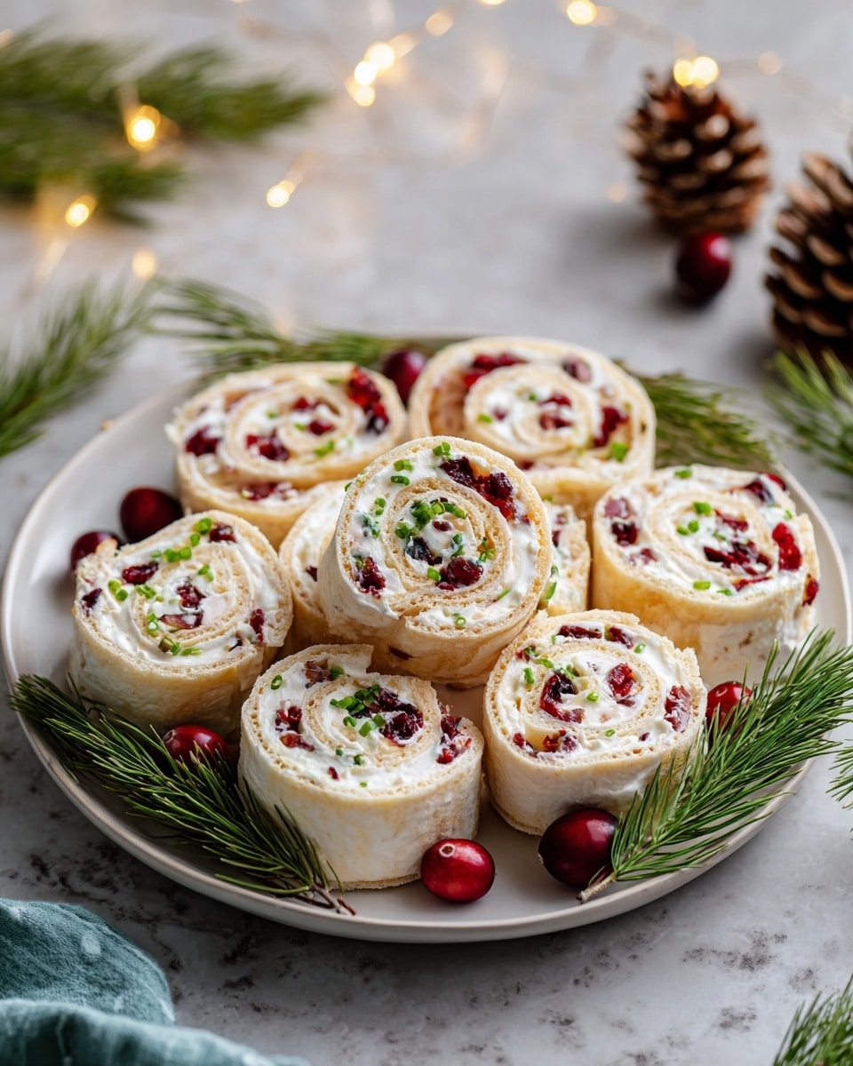 A white plate holds nine round pinwheel sandwiches arranged in a circle with one in the center. Each pinwheel has three visible layers: a soft light beige wrap rolled tightly around a thick creamy white layer, dotted with small red cranberry pieces and tiny green chive bits. Whole fresh cranberries and green pine sprigs are placed decoratively on and around the pinwheels. The plate sits on a white marbled surface with blurred string lights, pinecones, and green pine branches in the background, creating a cozy and festive feel. photo taken with an iphone --ar 4:5 --v 7