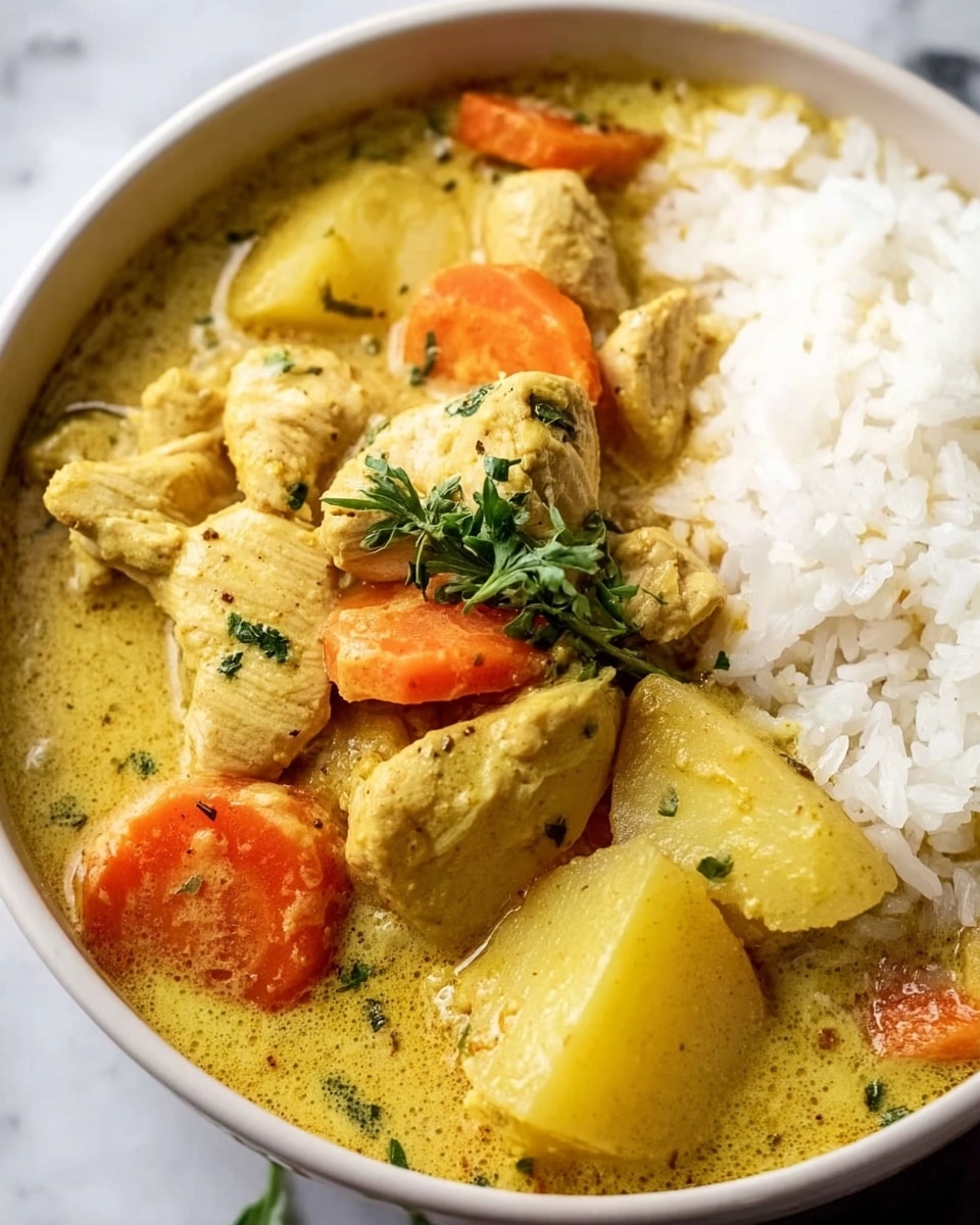 A bowl features a close-up of a creamy yellow curry with chunks of chicken, bright orange carrot slices, and large pieces of light yellow potato all mixed in a thick sauce. The curry is garnished with a small sprig of fresh green herbs placed near the center. On the right side of the bowl, there is a portion of fluffy white rice with distinct grains. The bowl is white, set on a white marbled surface, adding a clean background to the colorful dish. Photo taken with an iphone --ar 4:5 --v 7