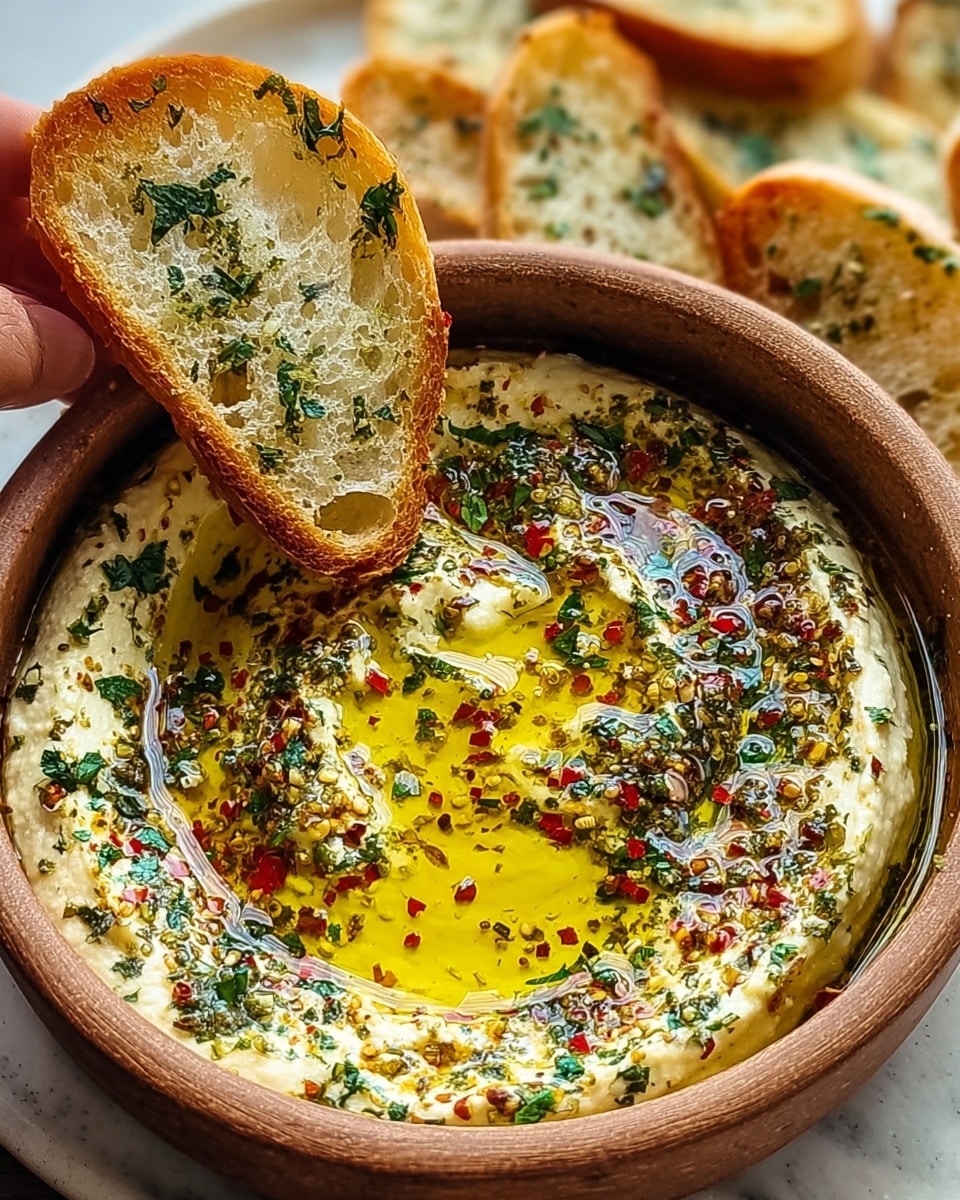 A close-up of a round bowl on a white marbled surface filled with a creamy dip topped with olive oil, red chili flakes, and green herbs, showing a shiny yellow oil layer and textured pale creamy base beneath, with two pieces of toasted white bread speckled with herbs, one resting inside the bowl and the other held near the bowl by a woman's hand. photo taken with an iphone --ar 4:5 --v 7