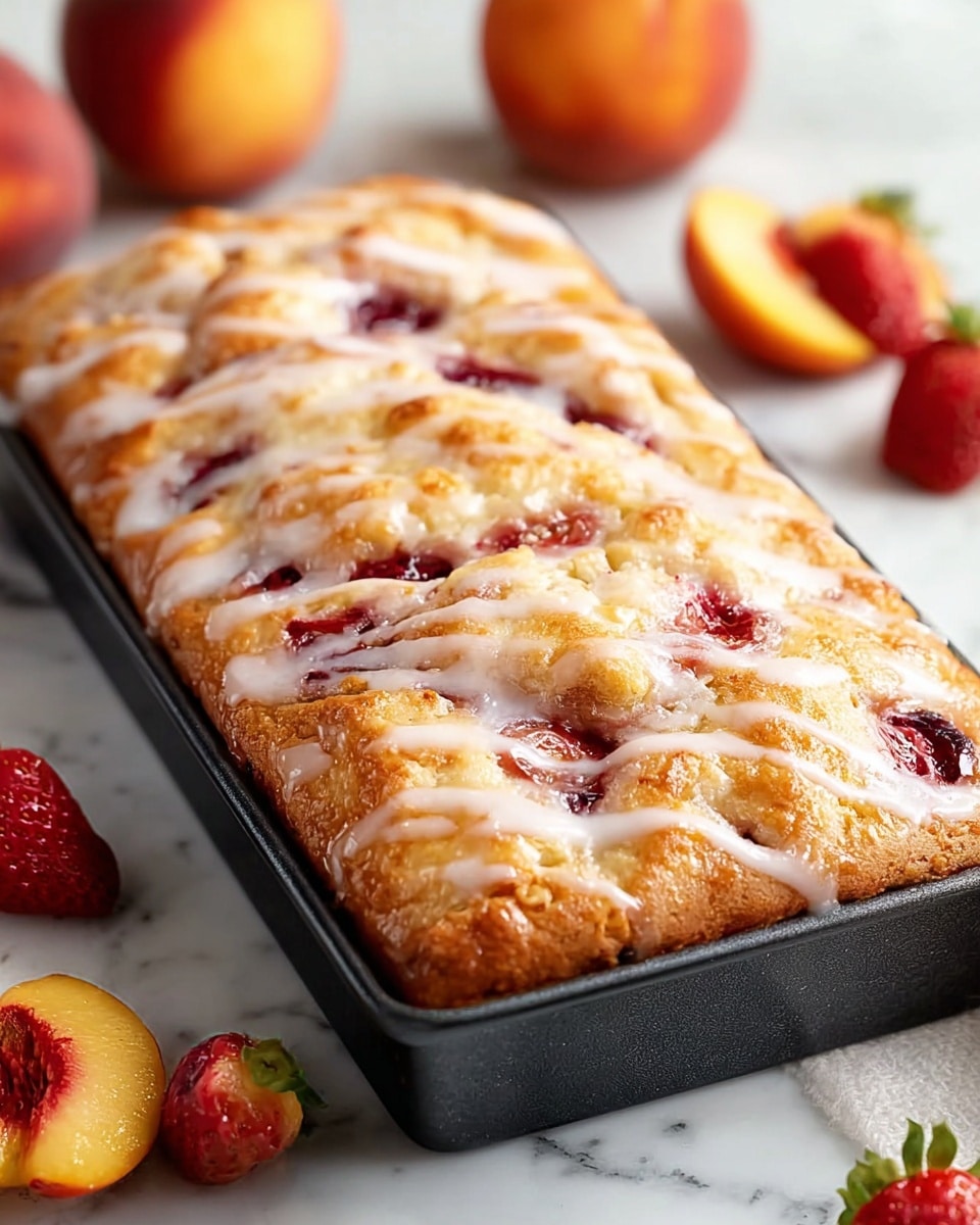 A rectangular soft bread with a golden brown top baked in a black tray, showing uneven surfaces with pockets of glossy red berry filling spread throughout and a shiny white glaze drizzled unevenly over the entire top, contrasting with the warm tones of the bread. The tray rests on a white marbled surface, with fresh peaches blurred in the background and whole and halved strawberries slightly visible near the tray's edge. The overall look is fresh, warm, and inviting. photo taken with an iphone --ar 4:5 --v 7