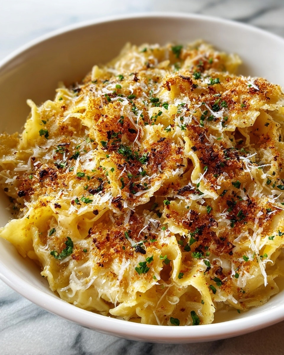 A white bowl filled with soft, ruffled pasta layers that have a light golden color and a slightly browned, crispy texture on top. The pasta is sprinkled generously with finely grated white cheese and small bits of bright green herbs. The pasta layers appear tender and slightly creamy, with some areas showing a light caramelized browning. The bowl rests on a white marbled surface, adding a clean and bright background to the warm tones of the dish. Photo taken with an iphone --ar 4:5 --v 7