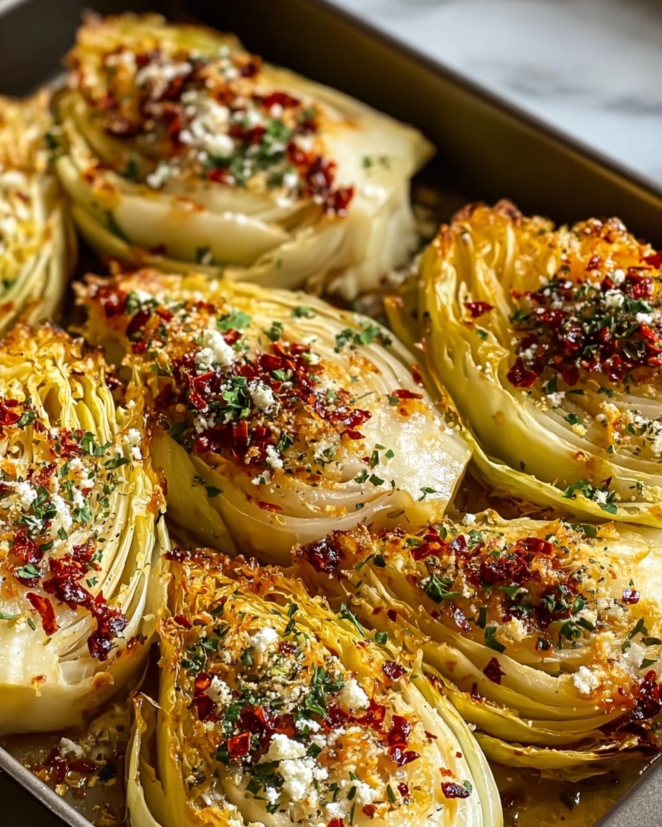 The image shows several roasted cabbage wedges arranged close together in a baking pan on a white marbled surface. Each wedge is made of many thin layers of pale yellow cabbage, slightly browned and crispy on the edges, with a golden tint from roasting. The tops are sprinkled with small pieces of dry red chili flakes, green chopped herbs, and white crumbly cheese, adding pops of red, green, and white texture on top of the warm cabbage. The caramelized bits and herbs give the dish a rustic and appetizing look. Photo taken with an iphone --ar 4:5 --v 7