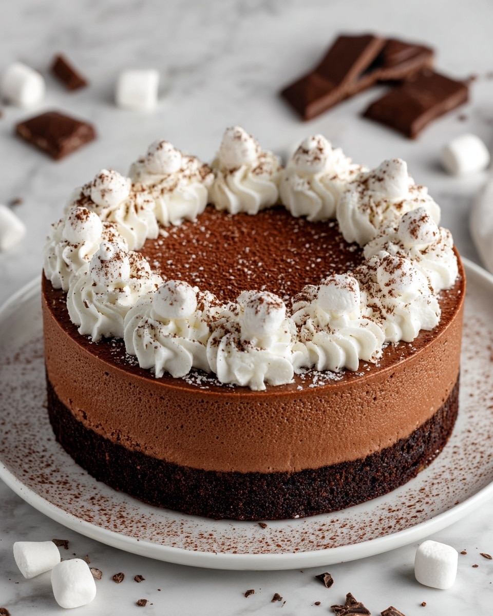 A round chocolate mousse cake with two layers sits on a white plate: a dark brown crumbly base layer and a smooth milk chocolate mousse layer on top. On the mousse surface, there are swirls of white whipped cream evenly spaced around the edge, each dusted lightly with cocoa powder. In the middle, a circle of small white marshmallows is also sprinkled with cocoa powder. The plate has a light dusting of cocoa powder around the cake’s edge. The setting is on a white marbled surface with scattered pieces of chocolate and marshmallows around the plate. Photo taken with an iphone --ar 4:5 --v 7