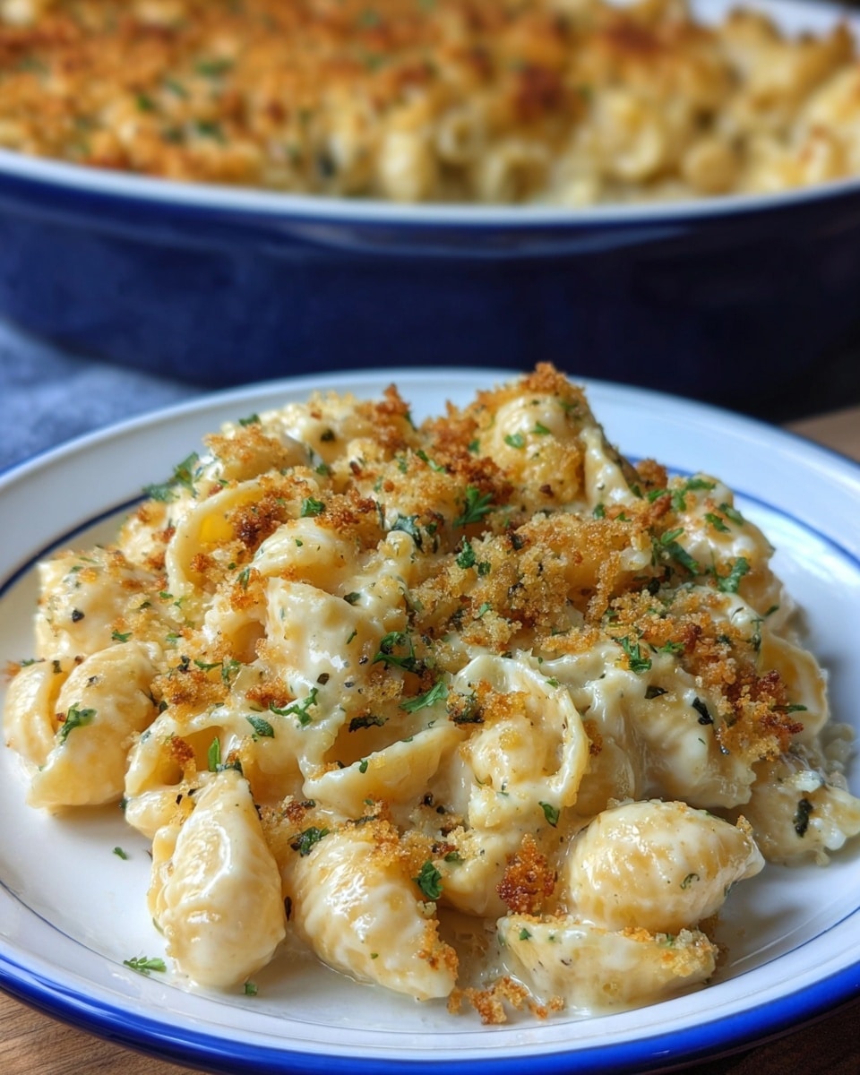 This image features a close-up of creamy macaroni and cheese served on a white plate with a blue rim. The dish is made with small shell pasta coated generously in a rich, velvety cheese sauce, garnished with finely chopped herbs for a touch of freshness. A golden breadcrumb topping adds a crispy texture contrast to the smooth cheese, making the dish visually appealing and comforting. The background reveals a blue baking dish filled with more of the cheesy pasta, hinting at a warm, home-cooked meal. Photo taken with an iPhone --ar 4:5 --v 7