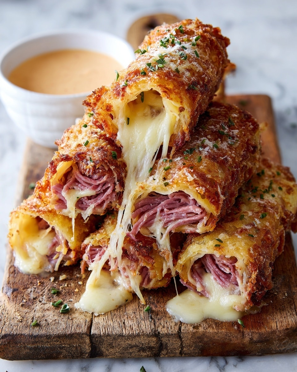 The image shows a stack of four crispy, golden-brown rolls placed on a wooden board. Each roll is filled with layers of pink, shredded meat and melted white cheese that oozes out of the ends. The surface of the rolls is covered in crispy, slightly browned cheese strands, with small green herb bits sprinkled on top. In the background, a white bowl holds a creamy light orange dipping sauce. The white marbled surface contrasts softly with the warm colors of the food. photo taken with an iphone --ar 4:5 --v 7