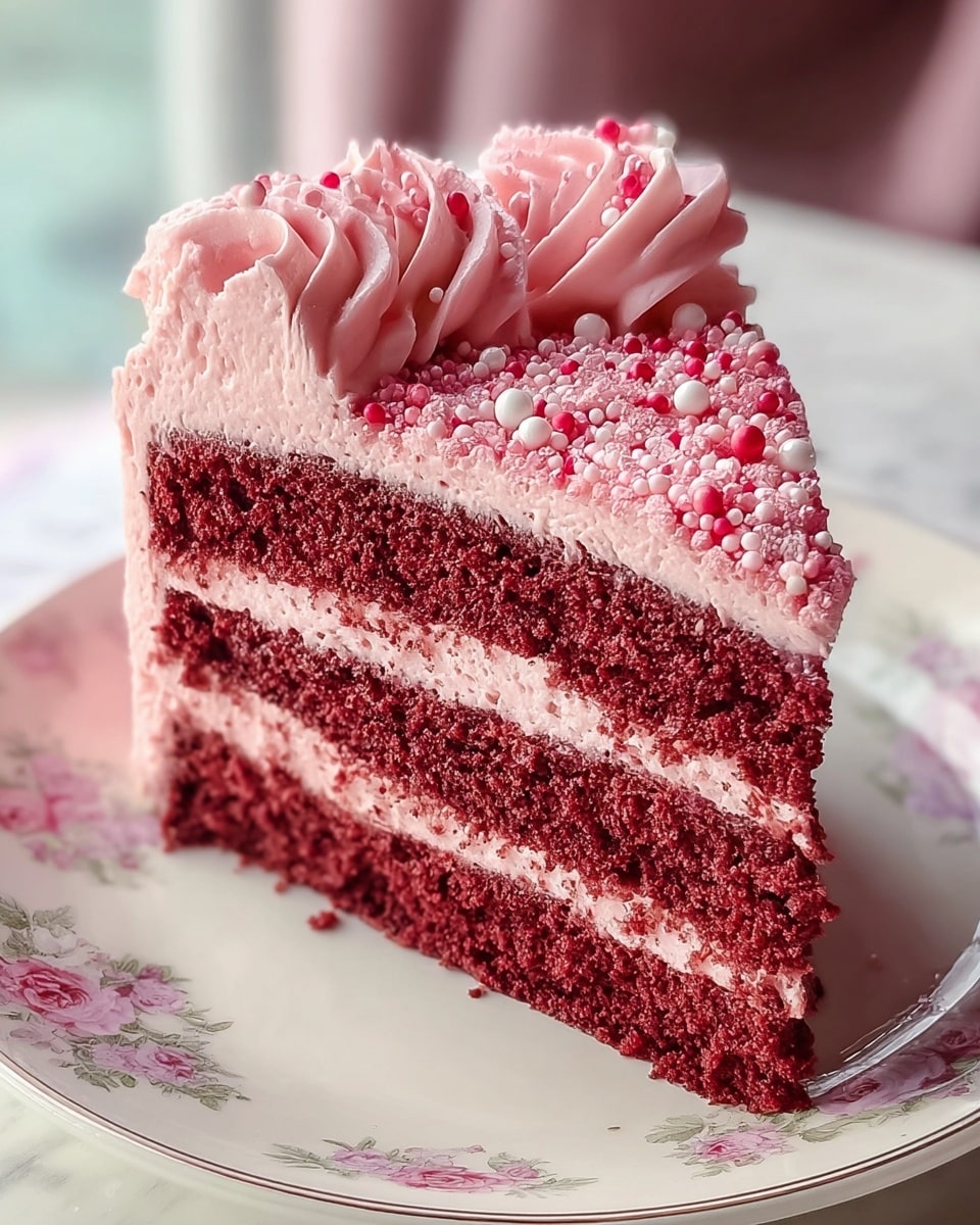 A slice of red velvet cake with three layers of deep red, soft and moist cake separated by two thick layers of light pink creamy frosting. The cake is covered with a smooth layer of the same pink frosting on the sides and top. On the top, there are decorative swirls of pink frosting sprinkled with small round white and red edible beads and crumbs. The cake slice is on a white plate with a delicate floral pattern, placed on a white marbled surface, with a soft and bright background. Photo taken with an iphone --ar 4:5 --v 7