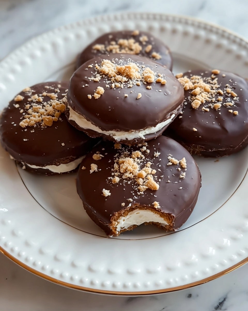 Five round cookies covered in smooth, dark brown chocolate are placed on a white plate with a raised dotted edge and a thin gold rim. Each cookie has a thick bottom layer of creamy white filling visible where the chocolate coating stops just short of the base. The tops are sprinkled with small crumbs in a lighter tan color, adding a bit of texture. The cookies are set close together, slightly overlapping, with the front one showing a small bite taken out, revealing the soft interior. The plate rests on a white marbled surface. Photo taken with an iphone --ar 4:5 --v 7