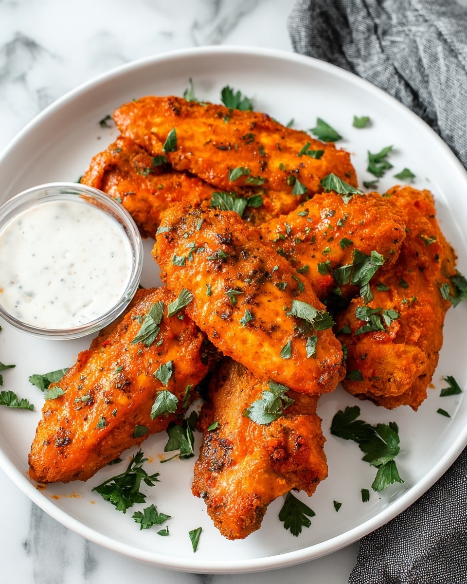 The image shows a white plate with four large chicken wings covered in bright orange, slightly chunky sauce. The wings are arranged close together with fresh green parsley leaves scattered on and around them. A small clear container of thick white dipping sauce sits on the left side of the plate. The plate is placed on a white marbled surface with a gray cloth napkin visible in the top right corner. photo taken with an iphone --ar 4:5 --v 7