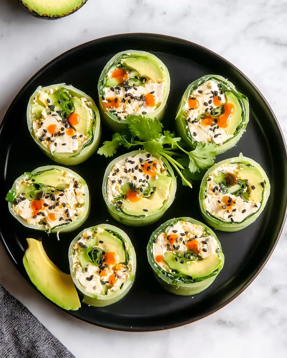 A black round plate holds eight cucumber rolls arranged in a circle. Each roll has a thin outer layer of green cucumber wrapped around a creamy white filling mixed with small chunks of light beige tofu or cheese, slices of light green avocado, and some orange sauce drops. The rolls are sprinkled with both black and white sesame seeds on top. A small sprig of fresh green cilantro lies in the middle, and a wedge of pale yellow avocado sits on the edge of the plate. The background is a white marbled surface. Photo taken with an iphone --ar 4:5 --v 7