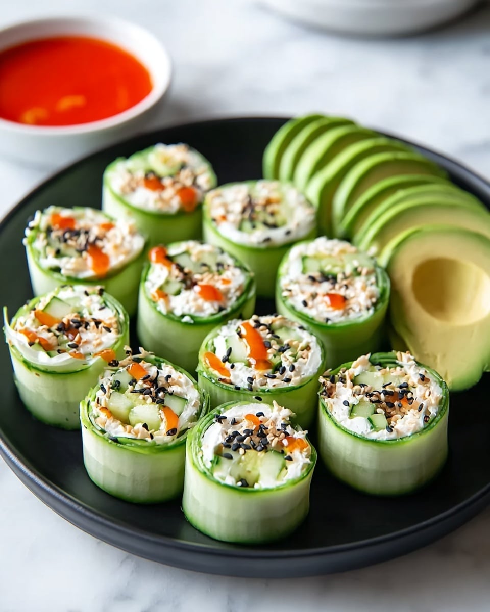 A round black plate holds nine cucumber sushi rolls, each made with thin green cucumber slices wrapped around a filling of white cream, small green pieces, and sprinkled with black and white sesame seeds on top, with a small drizzle of orange sauce on some rolls. To the side, there are three slices of fresh light green avocado arranged neatly. In the background, a small white bowl filled with bright red dipping sauce sits on a white marbled surface. Photo taken with an iphone --ar 4:5 --v 7
