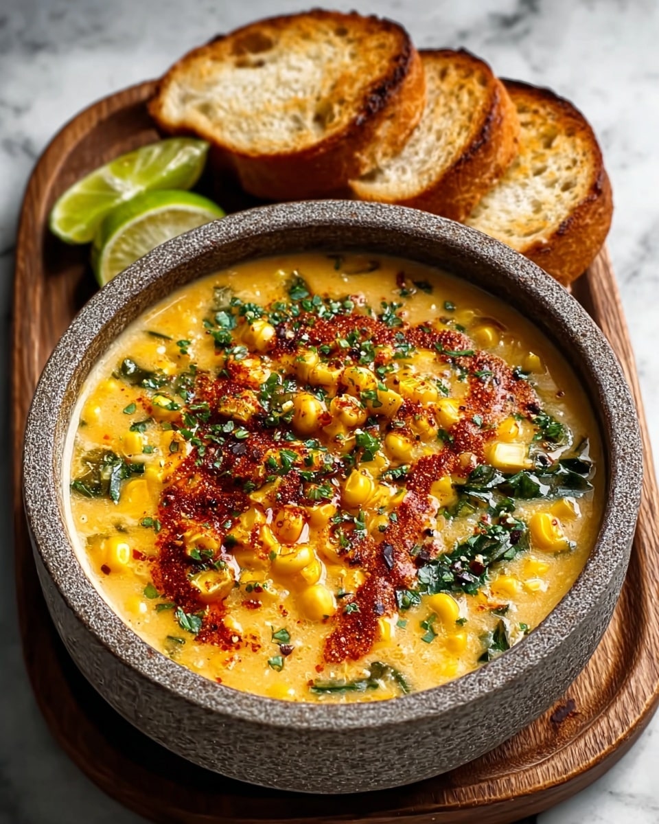 A creamy soup sits in a round stone bowl on a wooden board, filled with rich golden-yellow broth that has a smooth, slightly thick texture. Floating within are bright yellow corn kernels and small green leafy pieces scattered throughout, providing a fresh contrast. On top, a reddish-brown spicy-looking sauce forms a thick line across the center with flecks of seasoning and chopped herbs sprinkled over all. Behind the bowl, three slices of lightly toasted bread with a golden crust rest, accompanied by a lime wedge on the side. The whole scene is set against a white marbled surface. photo taken with an iphone --ar 4:5 --v 7